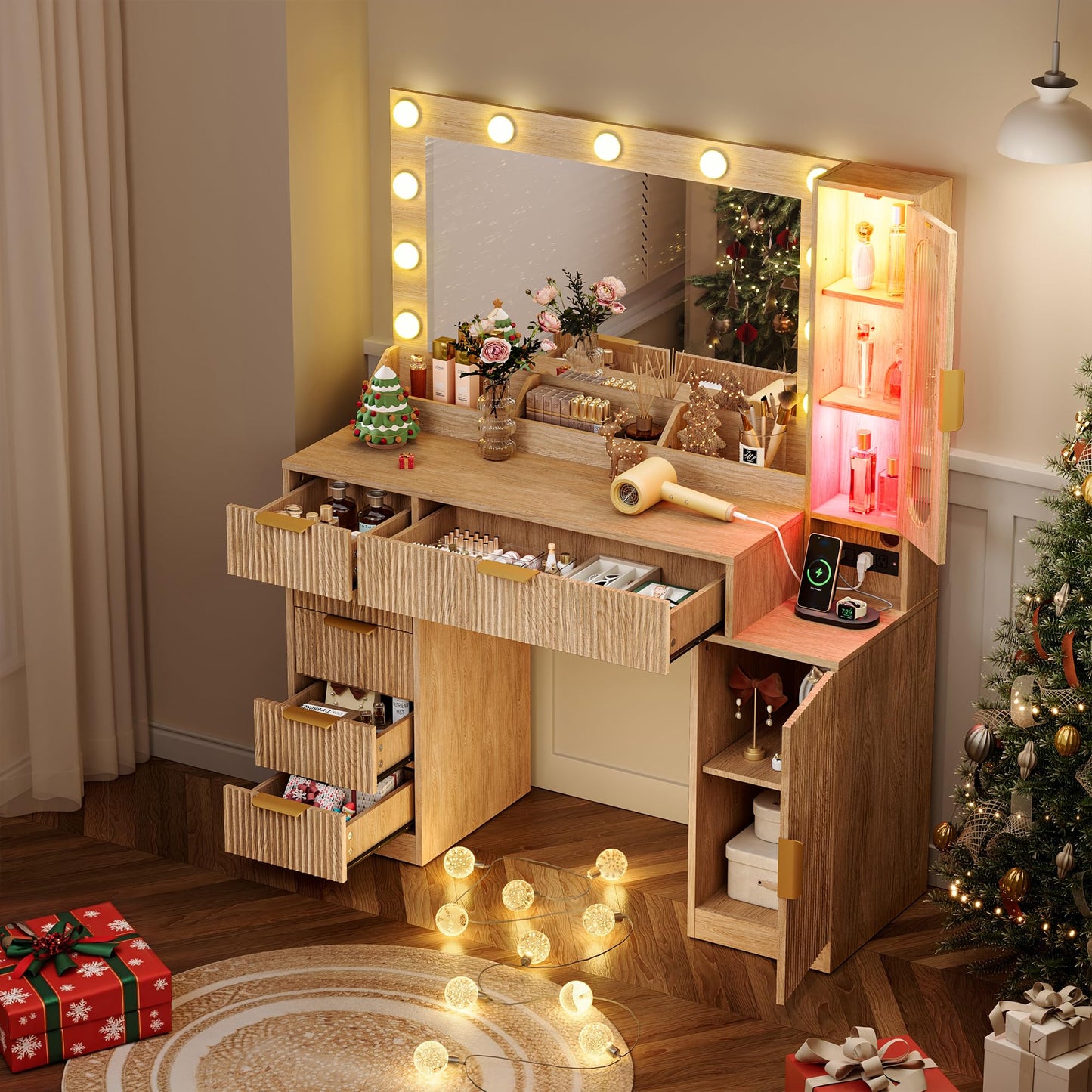 Fkhouse Fluted Makeup Vanity Desk with Large 31.4" Mirror and Sound Sync RGB Lights, Wood Vanity with 6 Drawers, 2 Cabinet & 3 Compartments, Charging Station, Bedroom Dressing Table, Natural Oak