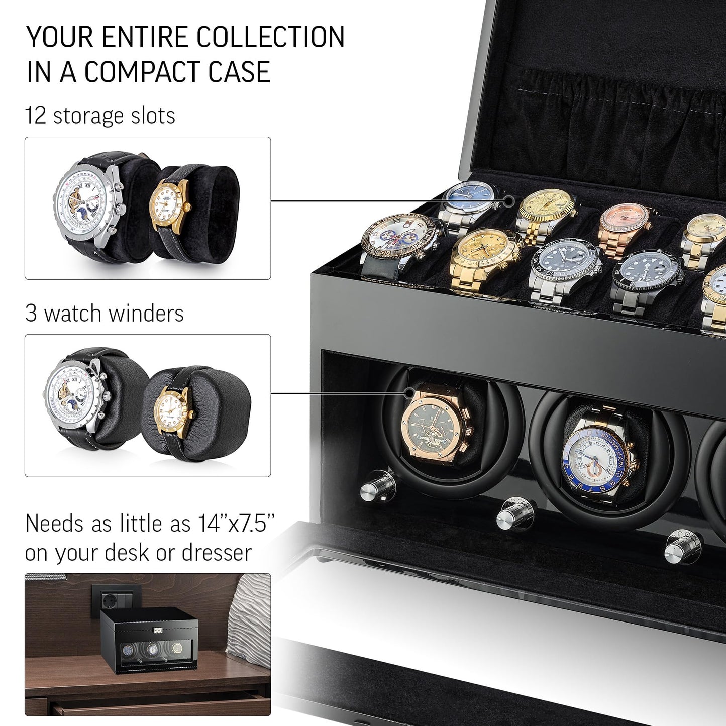 Watch Winder and Storage Box for Winding 3 Automatic Watches and 12 Watch Storage Space (Black+ Black)