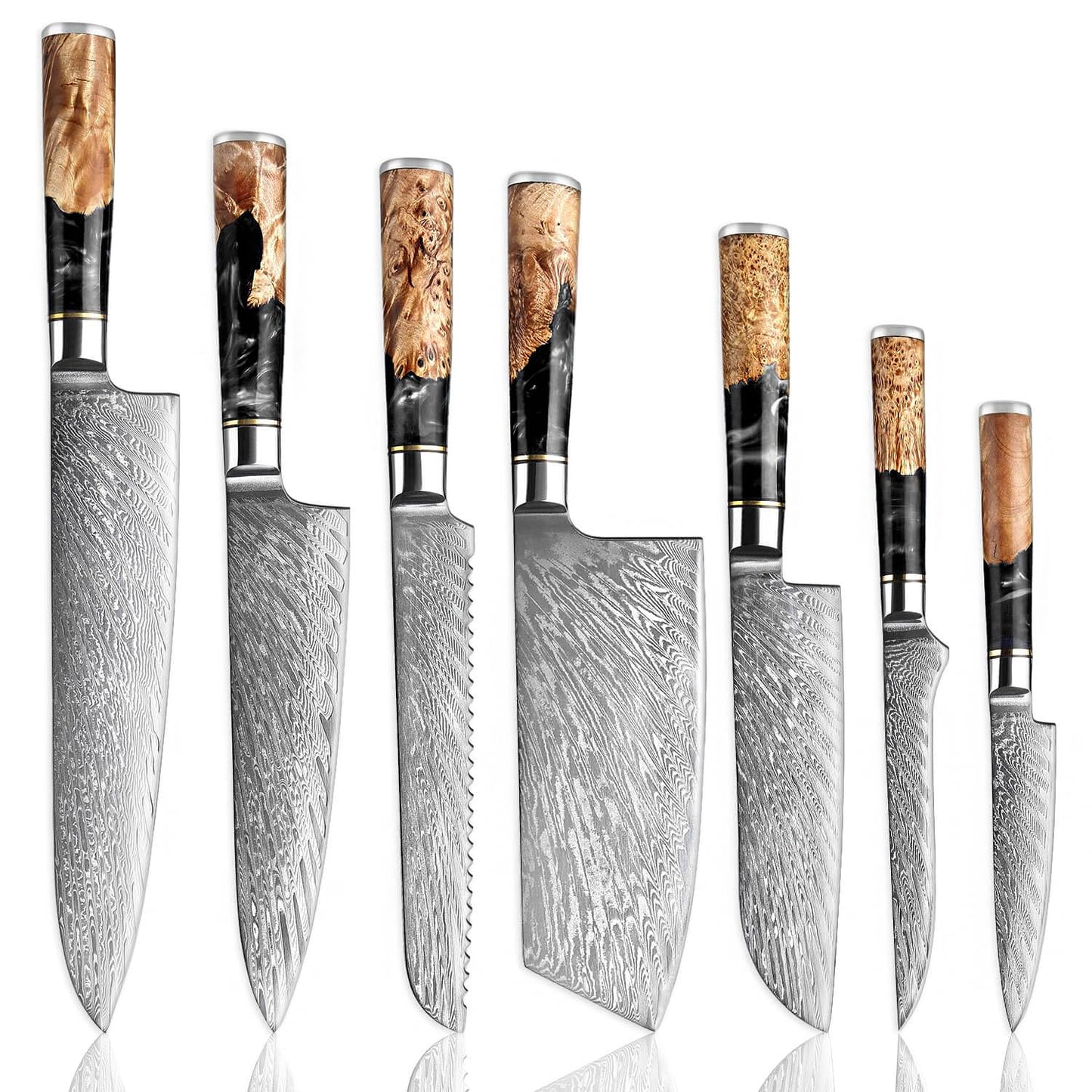 SENKEN 7-Piece Damascus Kitchen Knife Set - Tsunami Collection - 67-Layer Japanese VG10 Steel - Chef's Knife, Cleaver, Santoku, Bread, Boning, & More (Black Resin Blend)