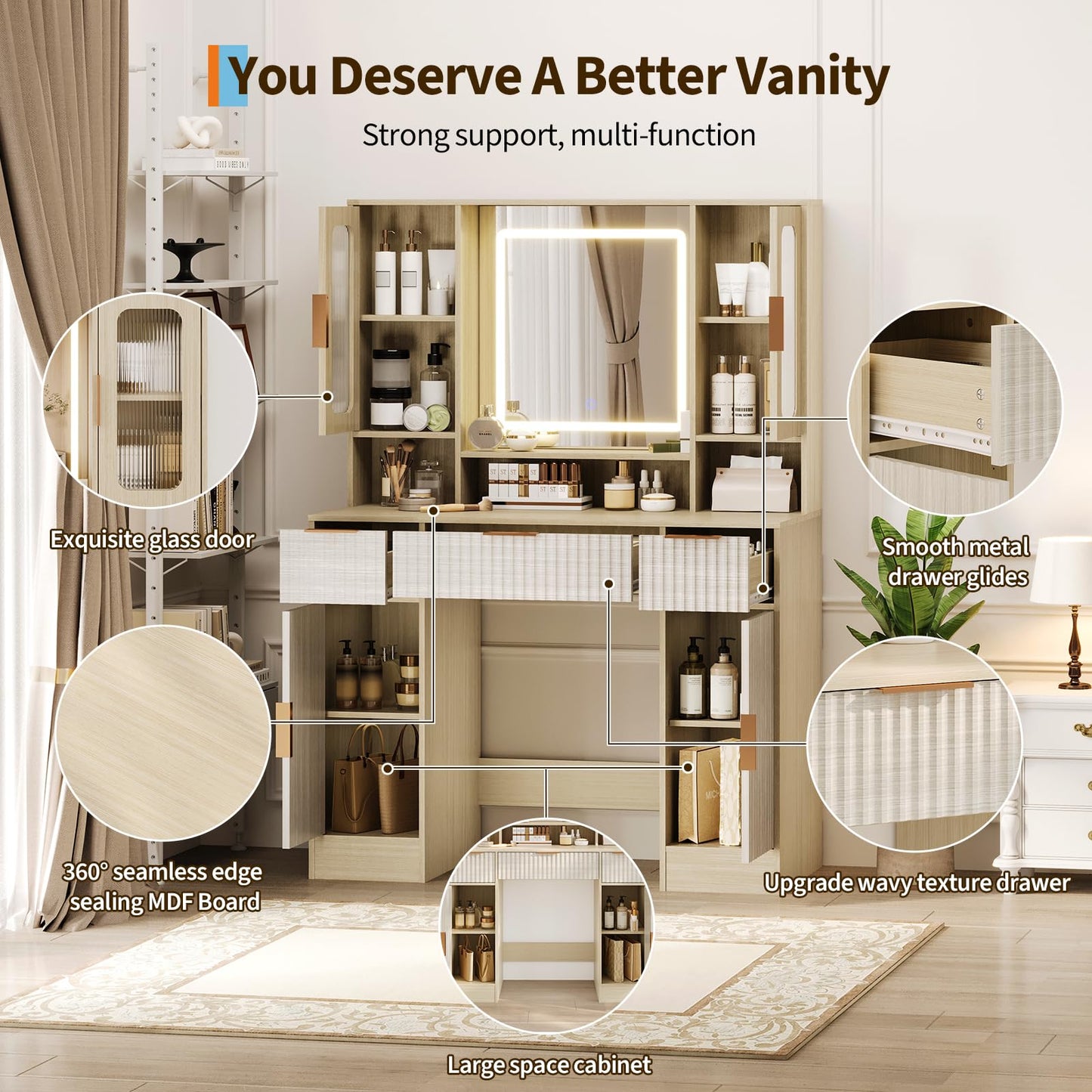 Garvee Vanity Desk with Mirror and Light, Modern Makeup Dressing Table with Adjustable 3 Colors Light, Vanities for Bedroom with 2 Glass Cabinet, 2 Large Cabinet, 3 Drawers & Storage Shelves, Natural