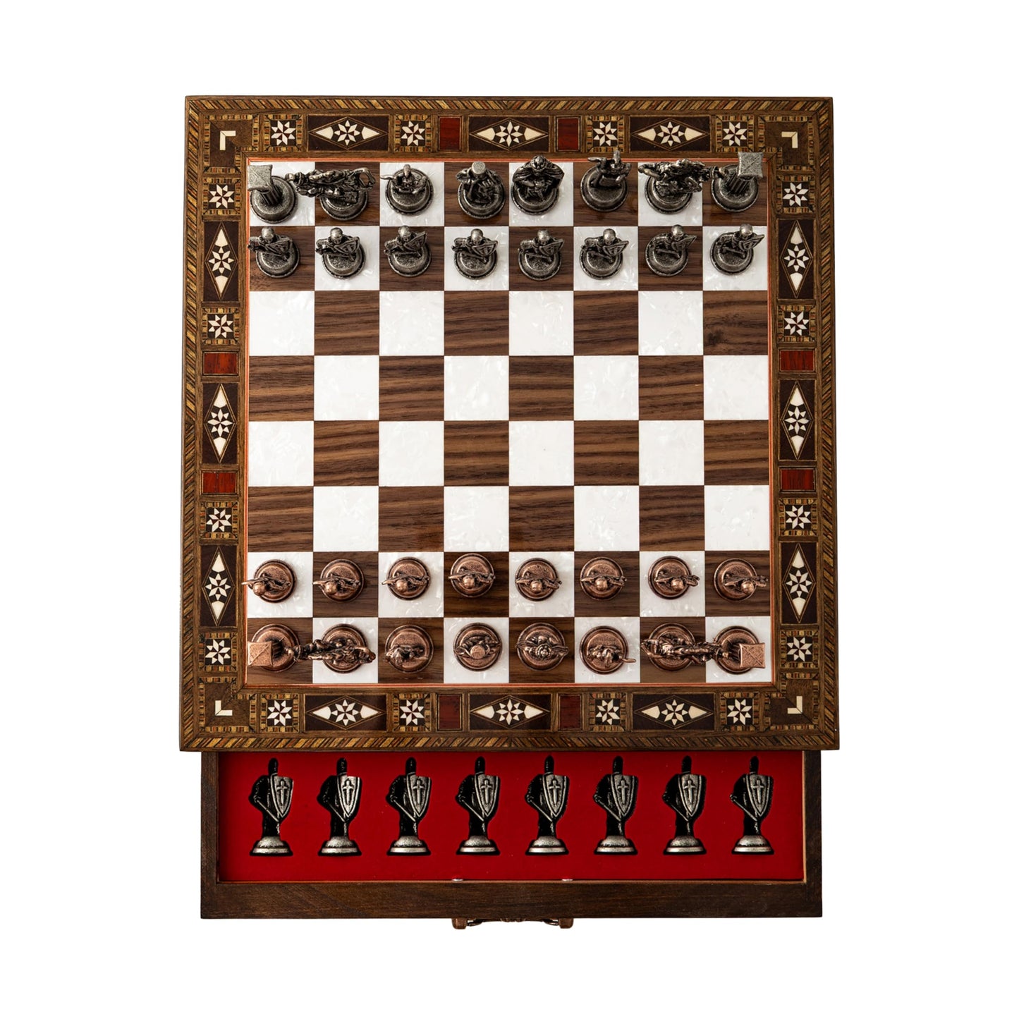 15’’ Handmade Walnut Wooden Chess Set – British Style Metal Chess Pieces – Luxury Storage Chess Board for Adults & Gift for Dad (Walnut)