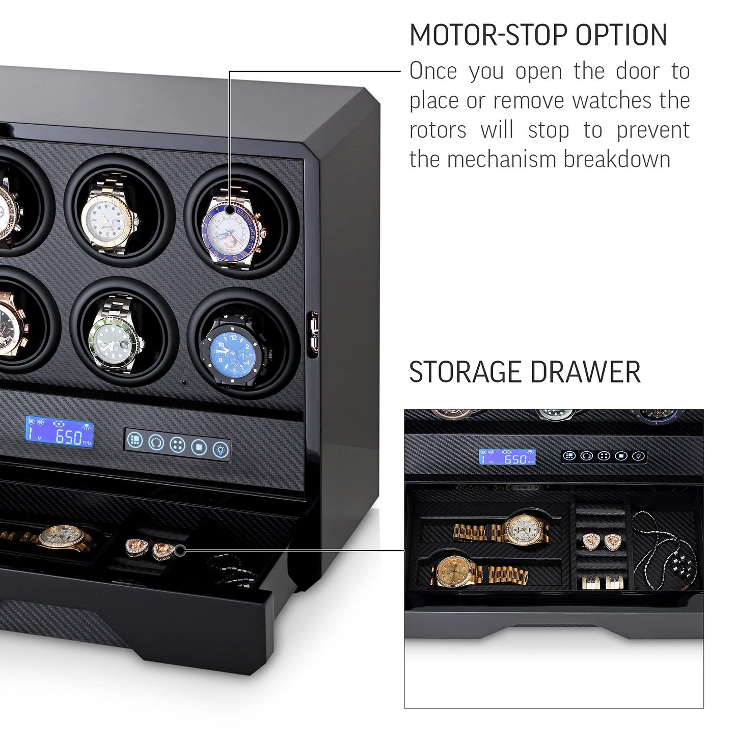 6 Watch Winder with LED Light, LCD Display and Storage Drawer