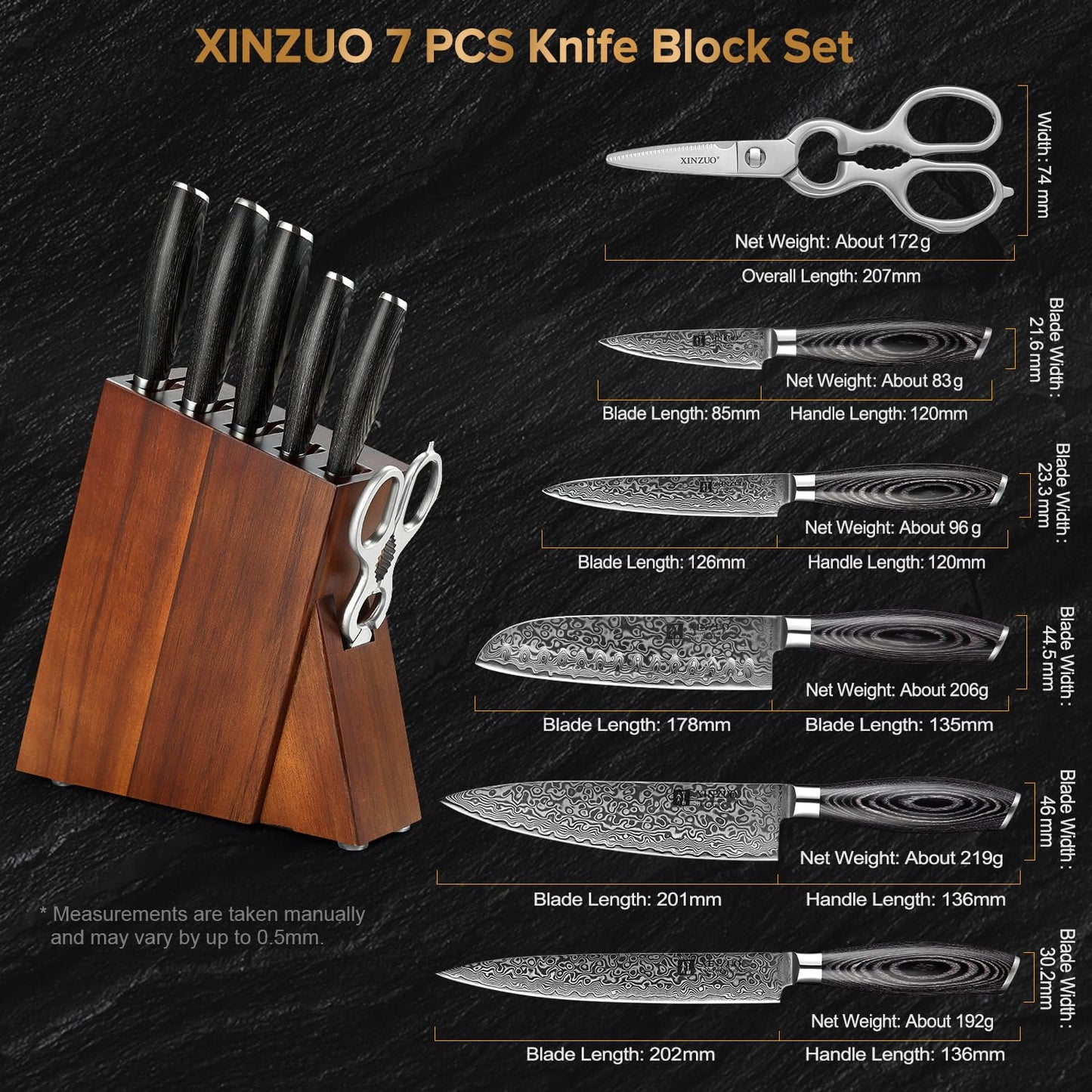 XINZUO Kitchen Knife Block Set,7-Piece Damascus Cooking Knife Set with Kitchen Shears for Professional Chefs and Home Cooking,Pakkawood Handle, Gift Box