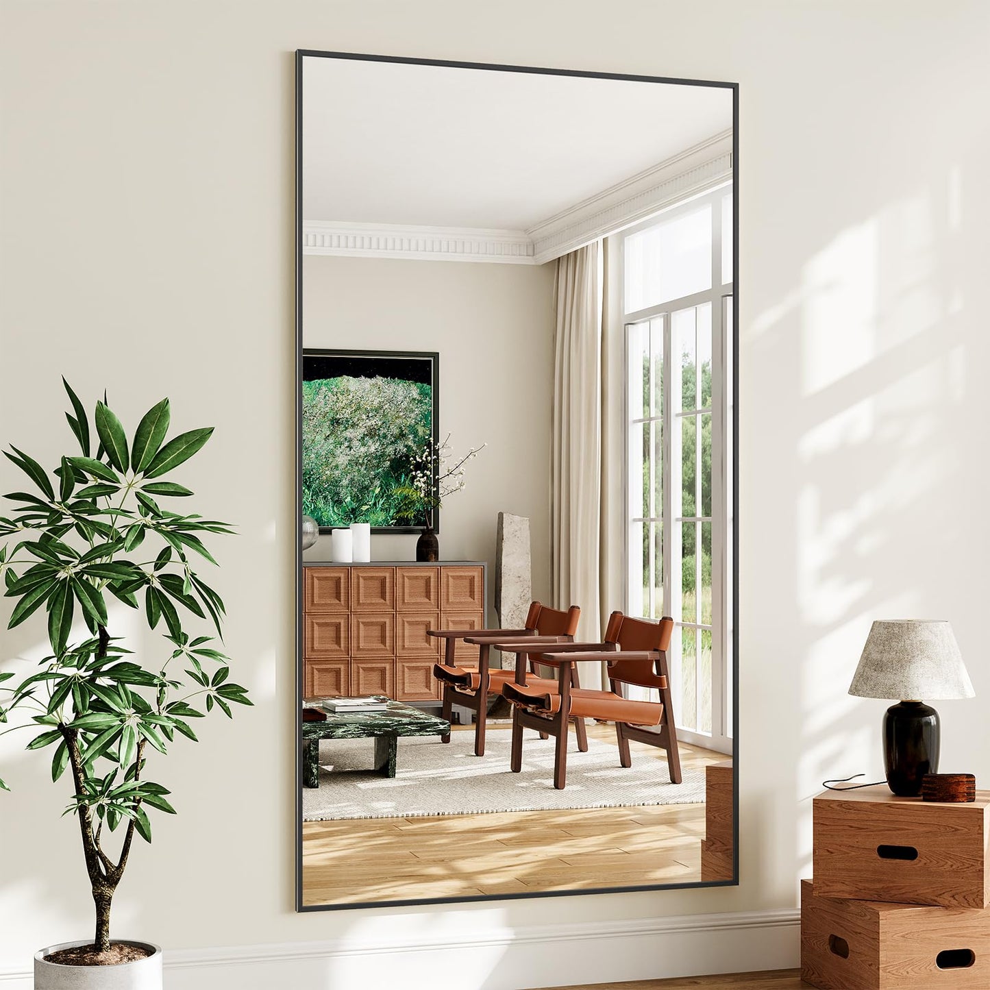 Koonmi 77"x38" Floor Mirror Full Length, Bedroom Floor Body Mirror with Stand, Large Black Mirror, Leaning, Standing or Hanging Horizontally/Vertically