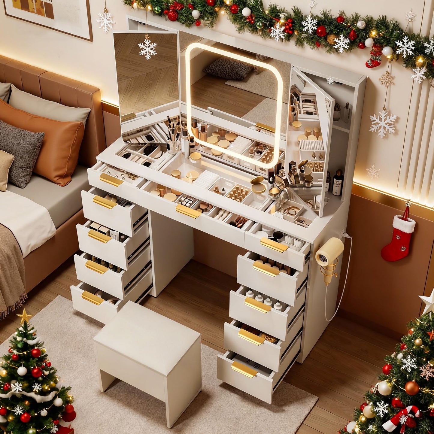 Pamapic Glass Top Makeup Vanity Desk with Foldable Mirror and Lights, 11 Drawers Vanity with Chair and Power Outlet, 3 Lighting Modes Makeup Table, Golden Handles, White