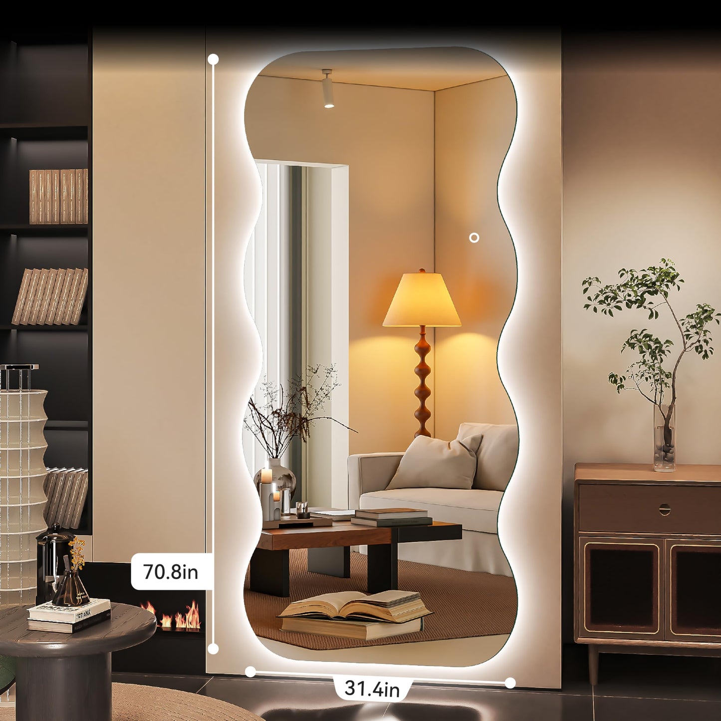 Hasipu Wavy Full Length Mirror with Lights - 71"×31" LED Wavy Floor Mirror, Frameless, Dimmable, Standing or Vertical/Horizontal Wall-Mounted Mirror for Bedroom, Living Room, Cloakroom