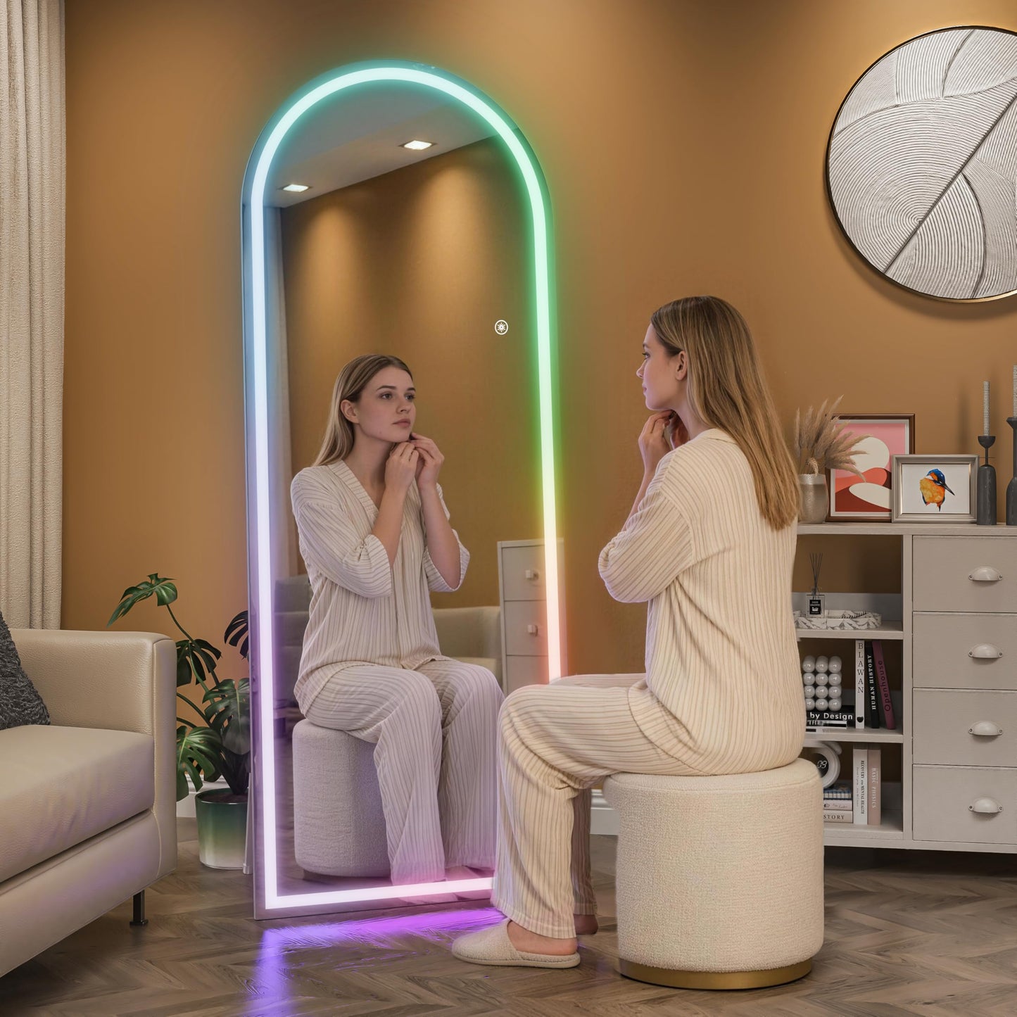 Hasipu Arch Full Length Mirror 79 x 32 in with Stand — Arch LED RGB Full Body Mirror, 7 Lighting Modes, Dimmable, Built‑in Bluetooth Speaker, White Frame for Bedroom Dressing Room