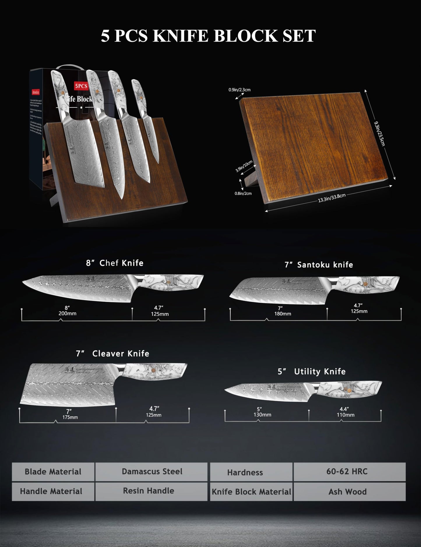SHANGDAO Damascus Kitchen Knife Set with Magnetic Knife Block, 5 PCS Razor Sharp Kitchen Knives Made of Japanese Damascus Steelwith Block, Well-Balanced Damascus Chef Knife set