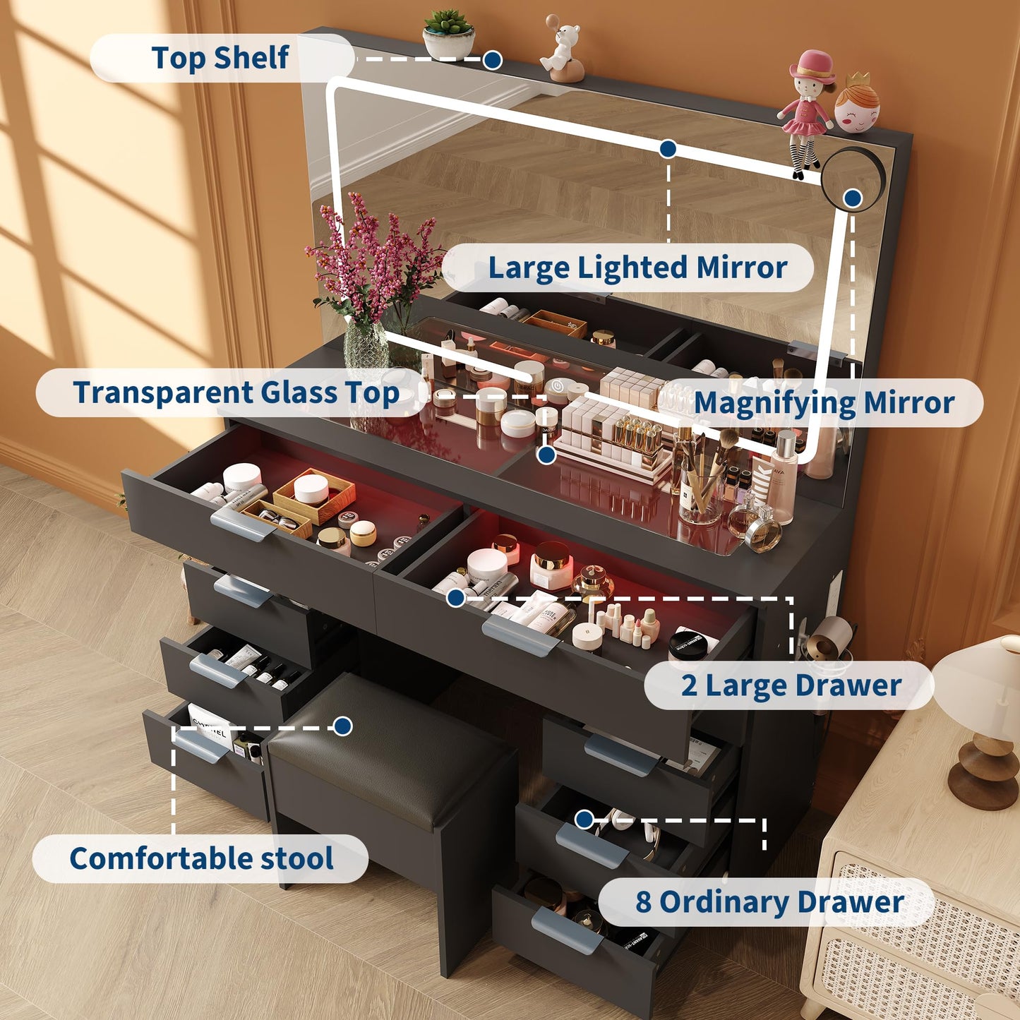 IDEALHOUSE Large Vanity Desk with Mirror, Clear Glass Top, Stool, LED Lights and Power Outlet, 45'' Width Makeup Vanity Table Set with 10 Drawers for Bedroom Dressing Room