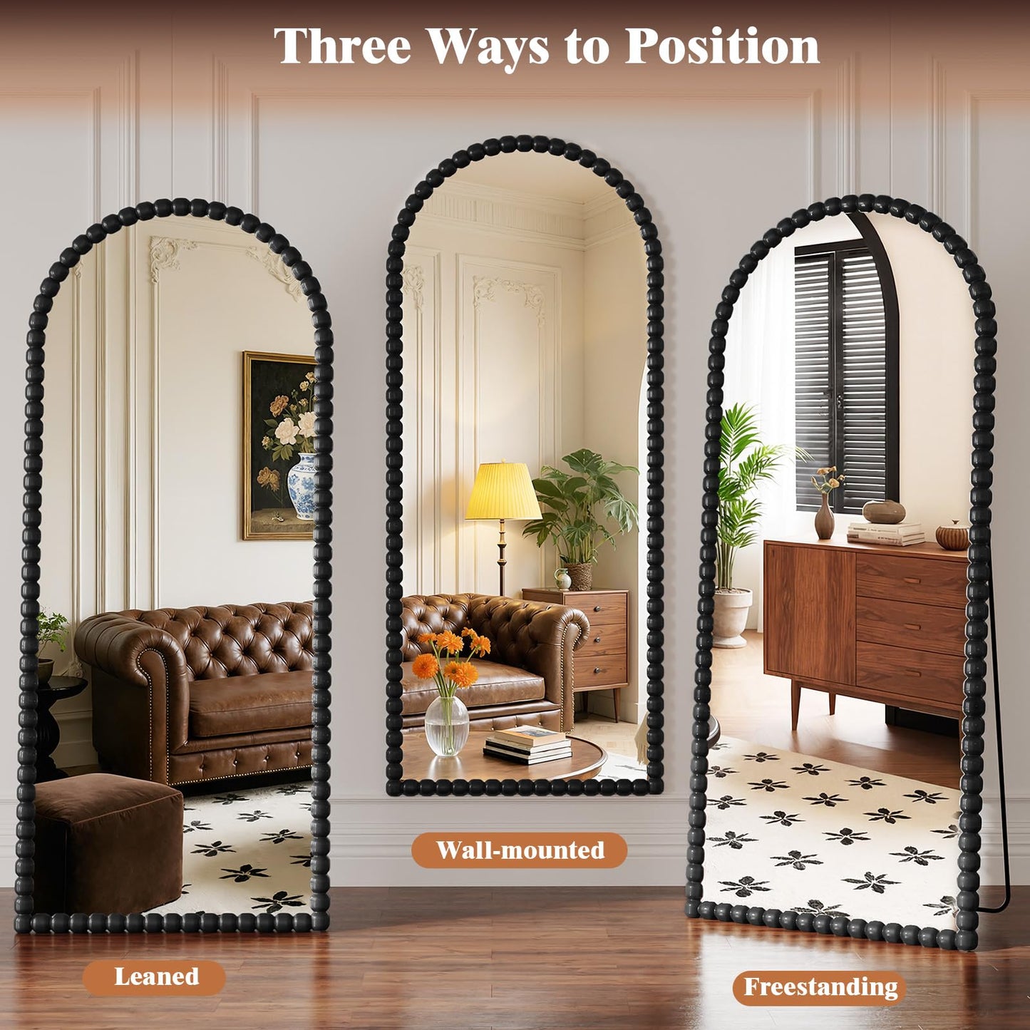 FlyEcho Arched Full Length Mirror, 71"x28" Antique Beaded Full Body Mirrors, Large Floor Mirror with Stand, Hanging Mounted for Bedroom Living Room Cloakroom Hallway Decor, PU Frame, Black