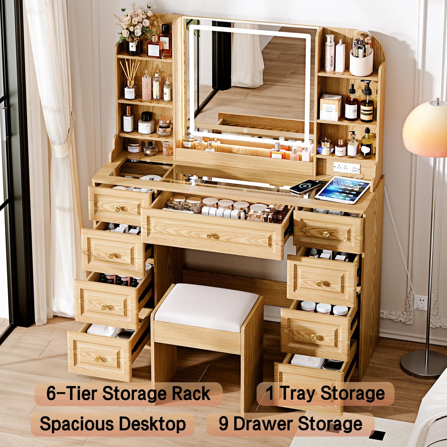 Arulvmrn 43" Makeup Vanity Desk with Mirror and Lights, & Power Outl, Glass Top Big Vanity Table with 9 Drawers& 8 Storage Shelves, Dressing Table Set with Chair for Bedroom, Wood