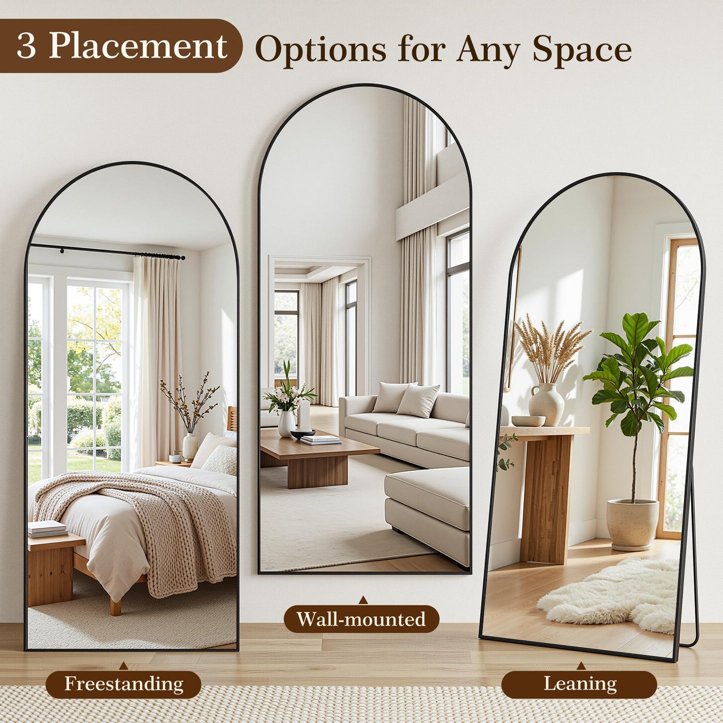Homsion 81"x41" Arched Full Length Mirror with Stand, Free Standing Leaning Wall Mounted Aluminum Alloy Frame Mirror for Bedroom Living Room Cloakroom, Black