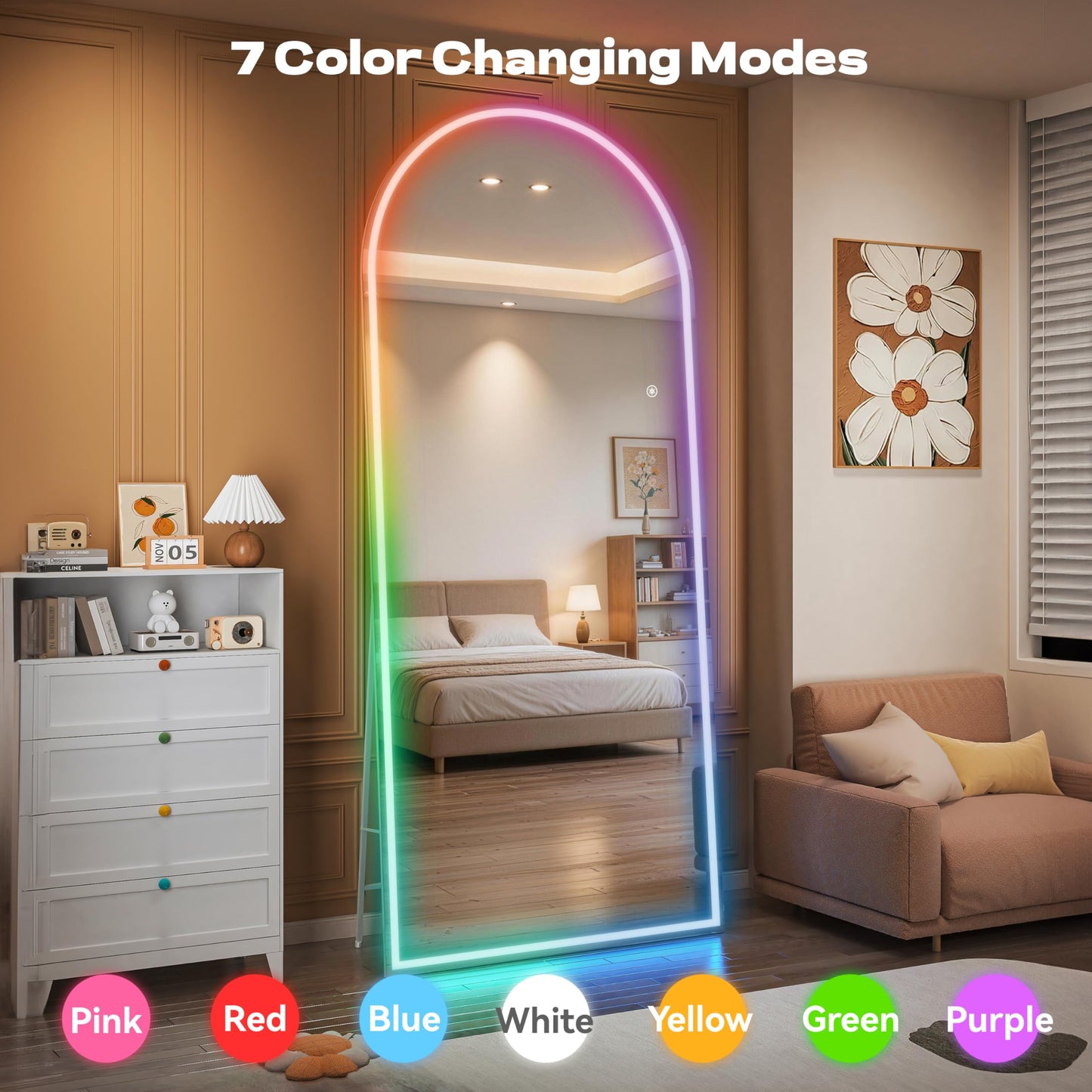 Hasipu Arch Full Length Mirror 79 x 36 in with Stand — Arch LED RGB Full Body Mirror, 7 Lighting Modes, Dimmable, Built‑in Bluetooth Speaker, White Frame for Bedroom Dressing Room