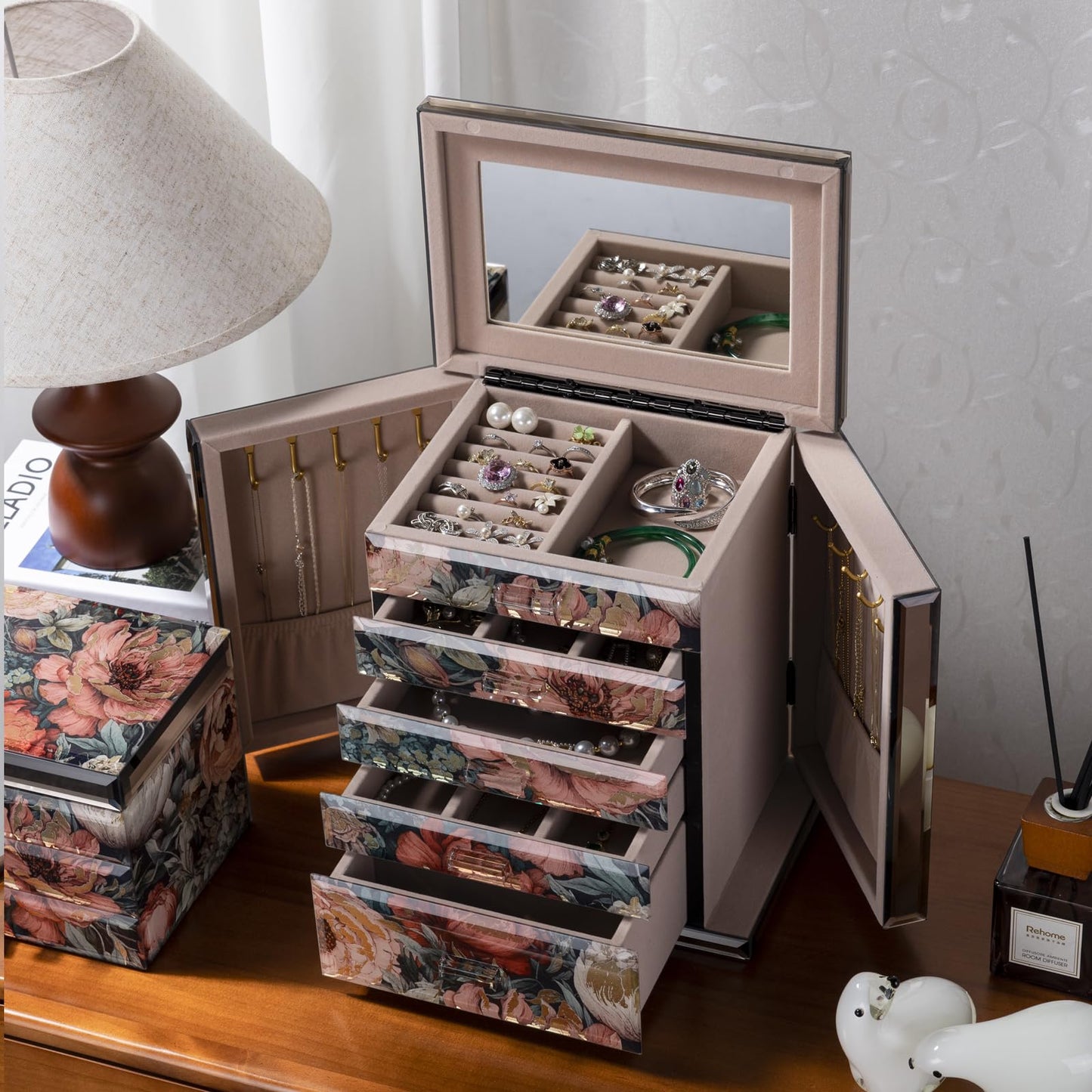 Homruilink High End Glass Jewelry Box, 5 Layer Jewelry Organizer for Women, Side Doors & Mirror, Velvet-Lined Storage for Rings & Necklaces, Ideal Gift (Peony)