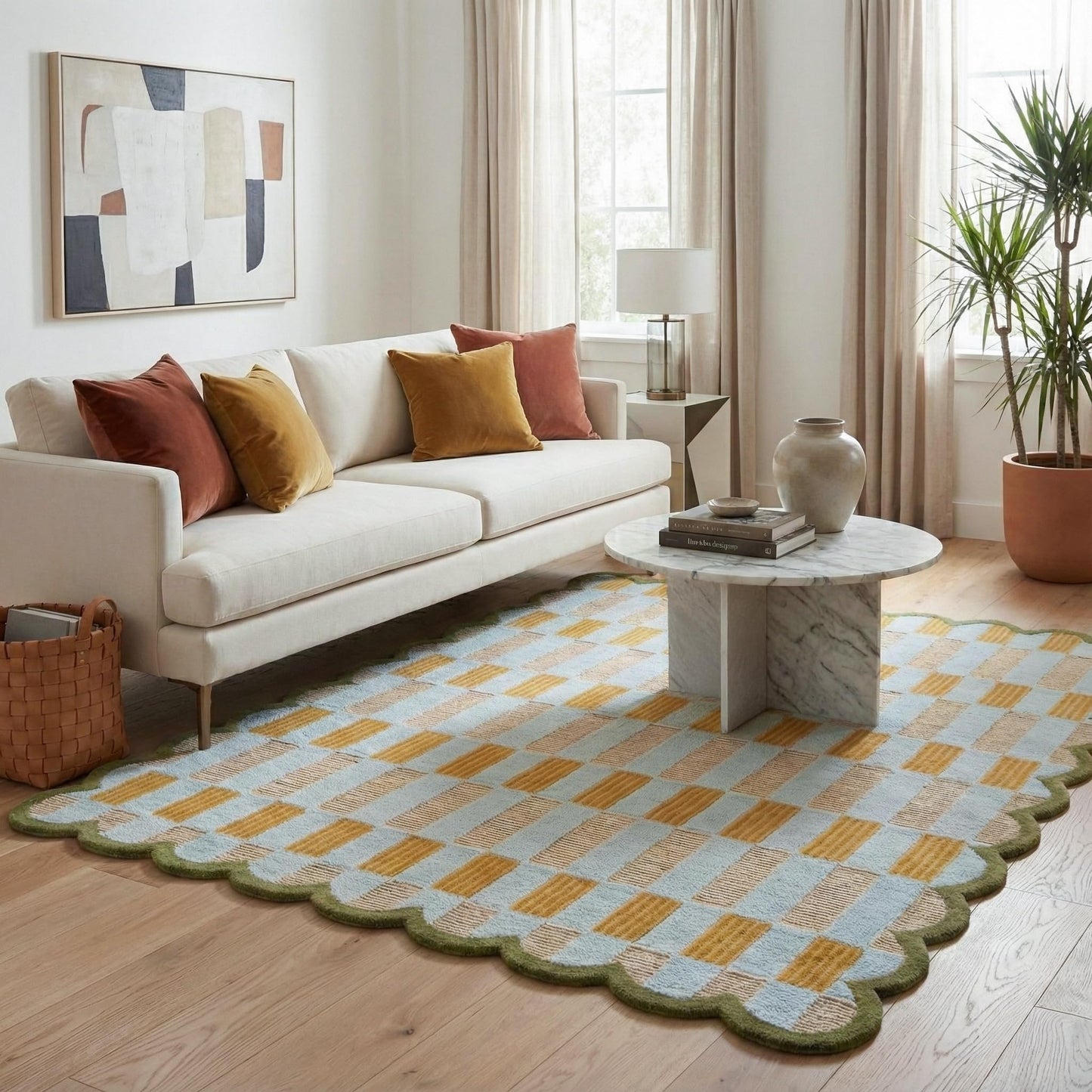 RUGWYN Hand-Tufted Scalloped Wool Area Rug, Modern Plaid Checkered Pattern, Soft & Durable Cozy Accent Rug for Living Room, Bedroom & Nursery, Handmade Decorative Floor Carpet (Light Blue, 8' x 10')