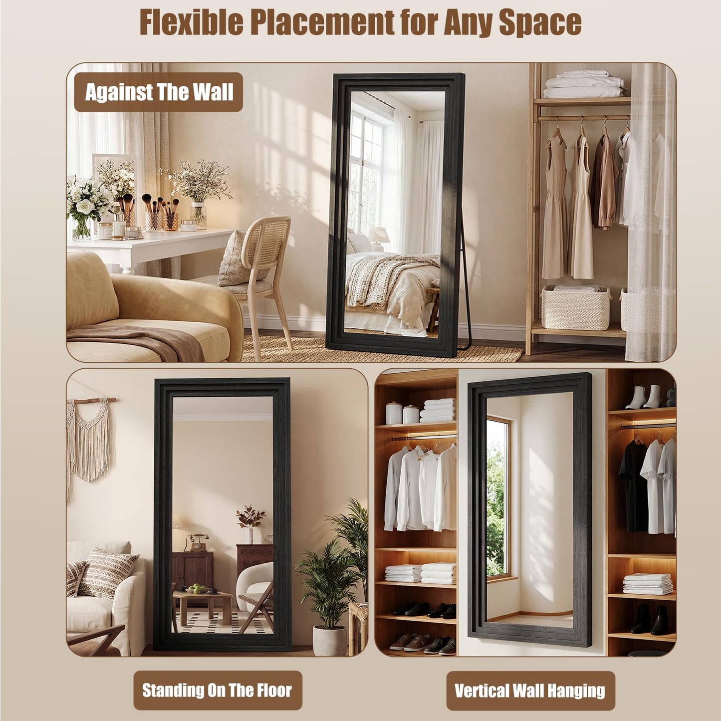 WISSMIELS Full Length Mirror 71"x30", Large Solid Wood Frame Floor Mirror, Leaning Floor Mirror, Stable Frame, Shatterproof Glass, Modern Classic Style for Bedroom, Living Room, Entryway