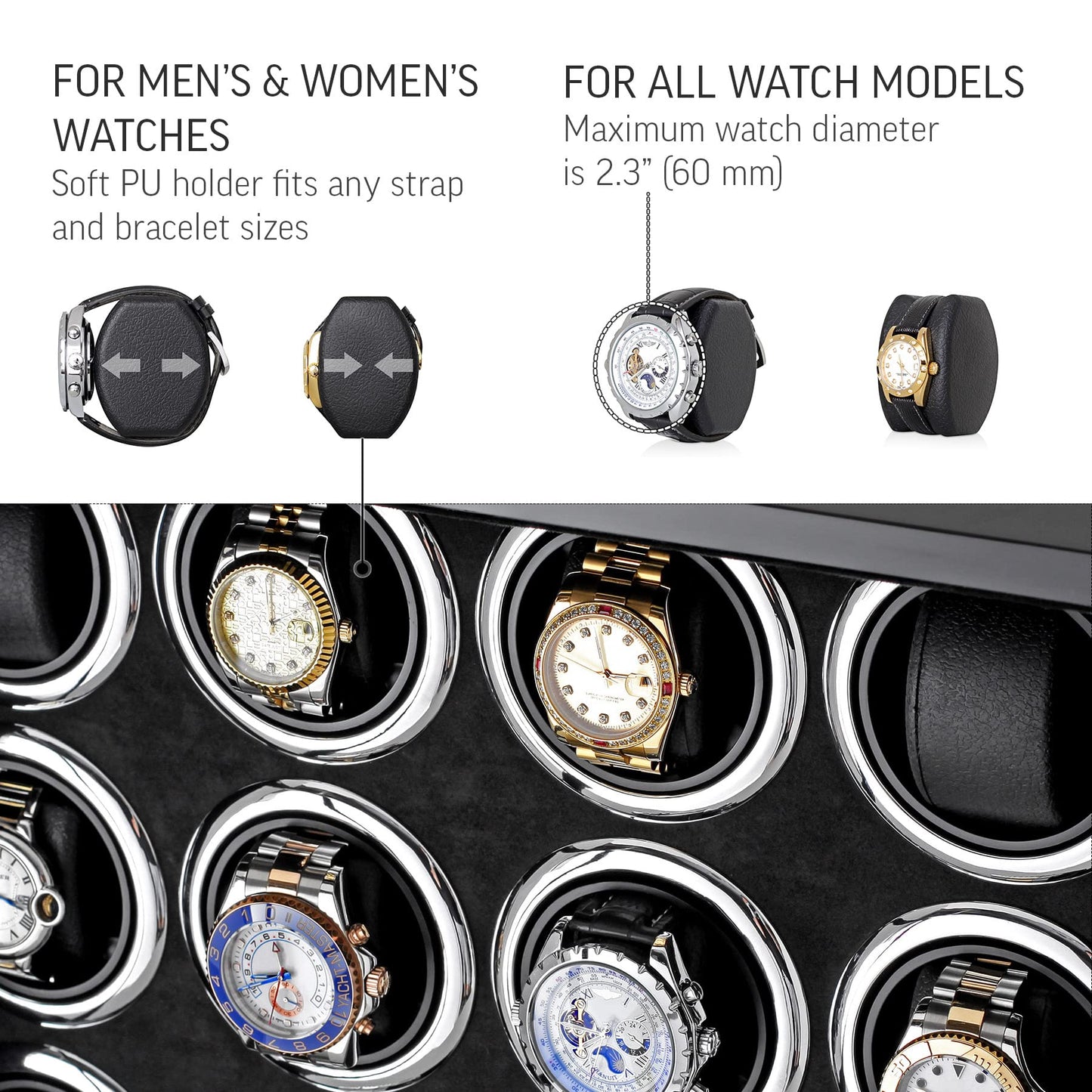 Watch Winder for 16 Automatic Watches with LED Light and LCD Touchscreen Control (Black + Black)