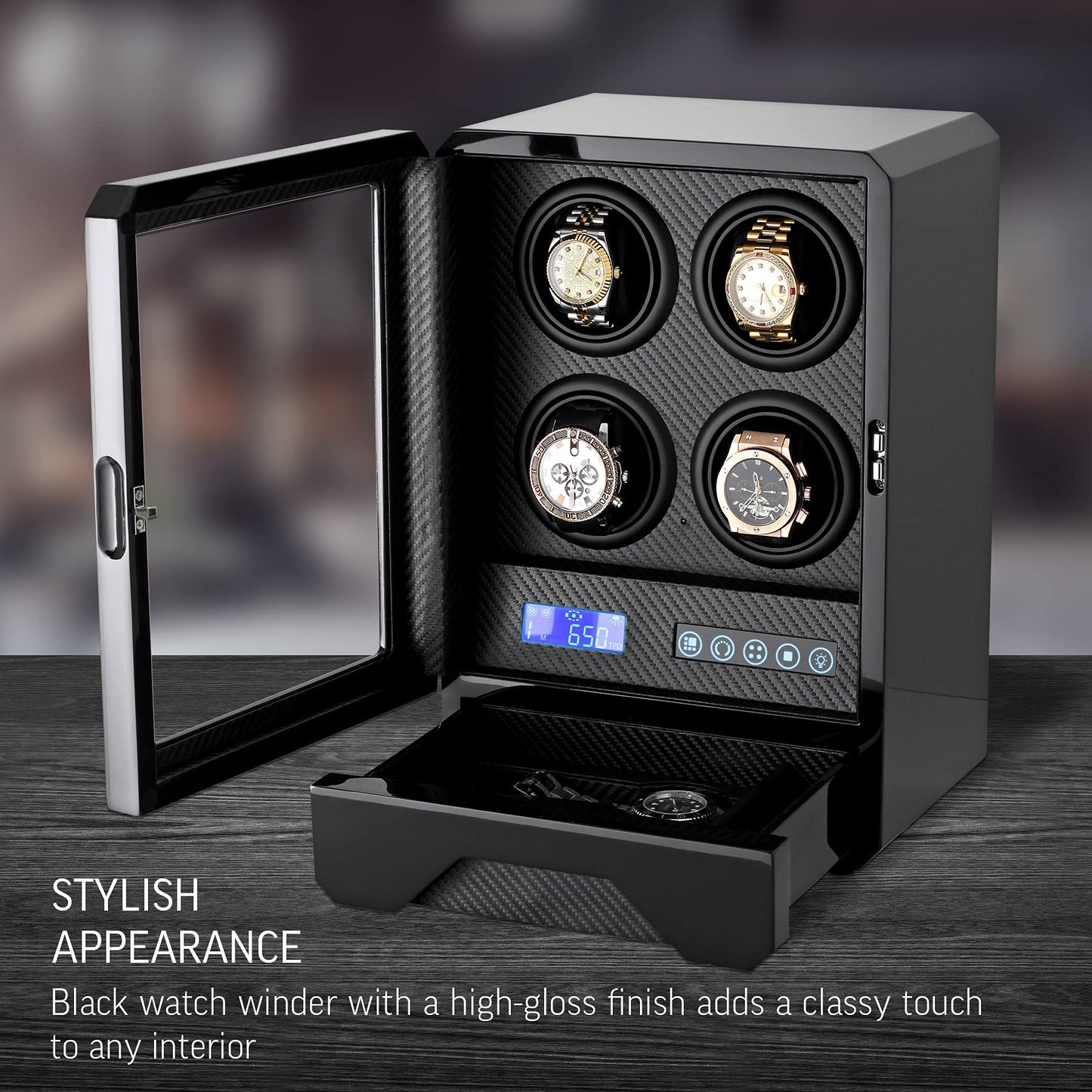 Automatic Watch Winder for 4 Watches with LED Light, LCD Display, Remote Control and Storage Drawer (Black)