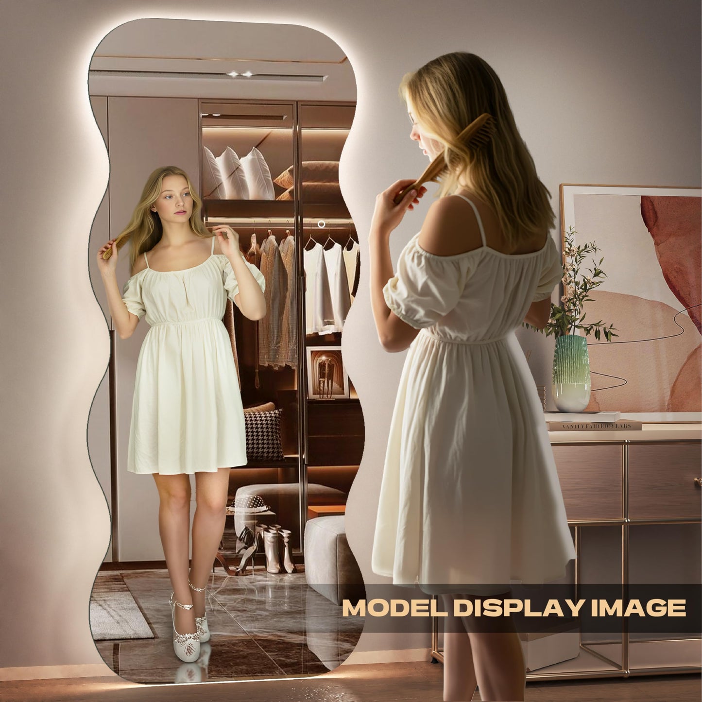 Hasipu Wavy Full Length Mirror with Lights - 71"×31" LED Wavy Floor Mirror, Frameless, Dimmable, Standing or Vertical/Horizontal Wall-Mounted Mirror for Bedroom, Living Room, Cloakroom