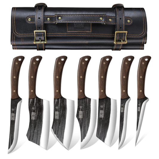 HOSHANHO Butcher Knife Set, Hand Forged Butcher Chef Knife Set with Roll Bag, Sharp Meat Cleaver Knife & Bone Chopper Knives & Fillet Knives for Home & Camping & BBQ Gift with Men