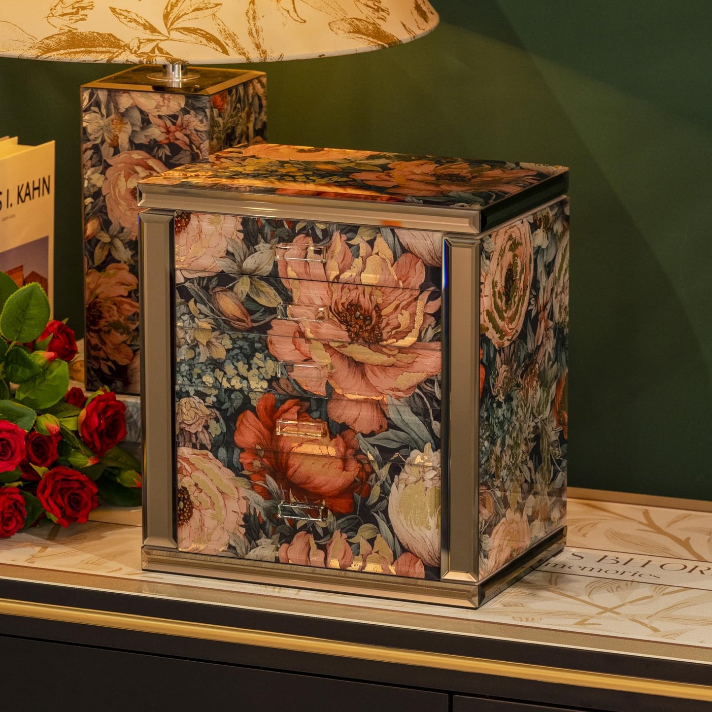 Homruilink High End Glass Jewelry Box, 5 Layer Jewelry Organizer for Women, Side Doors & Mirror, Velvet-Lined Storage for Rings & Necklaces, Ideal Gift (Peony)
