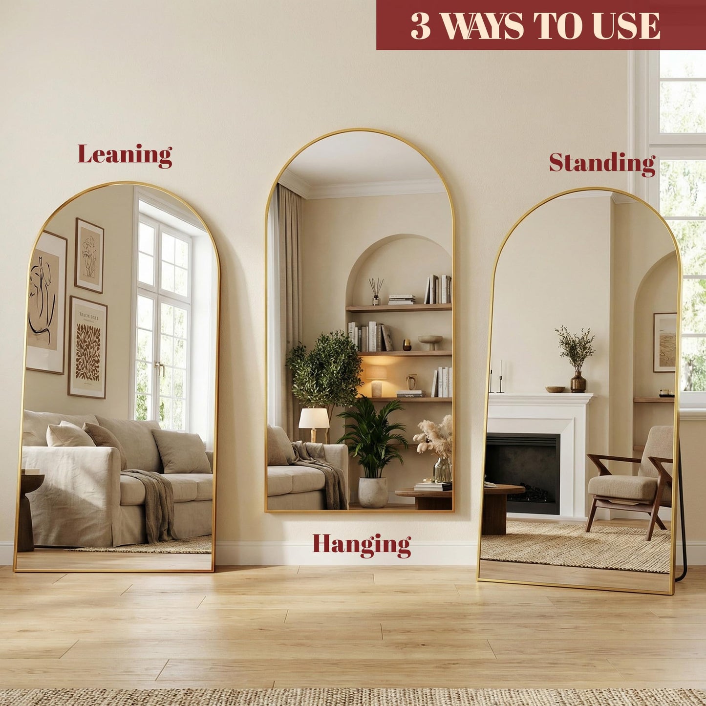 Suidia 76"x44" Arched Full Length Mirror with Stand, Full Body Mirror with Aluminum Frame, Freestanding/Leaning/Wall-Mounted, Floor Mirrors for Bedroom, Living Room, Entryway, Dressing Room, Gold