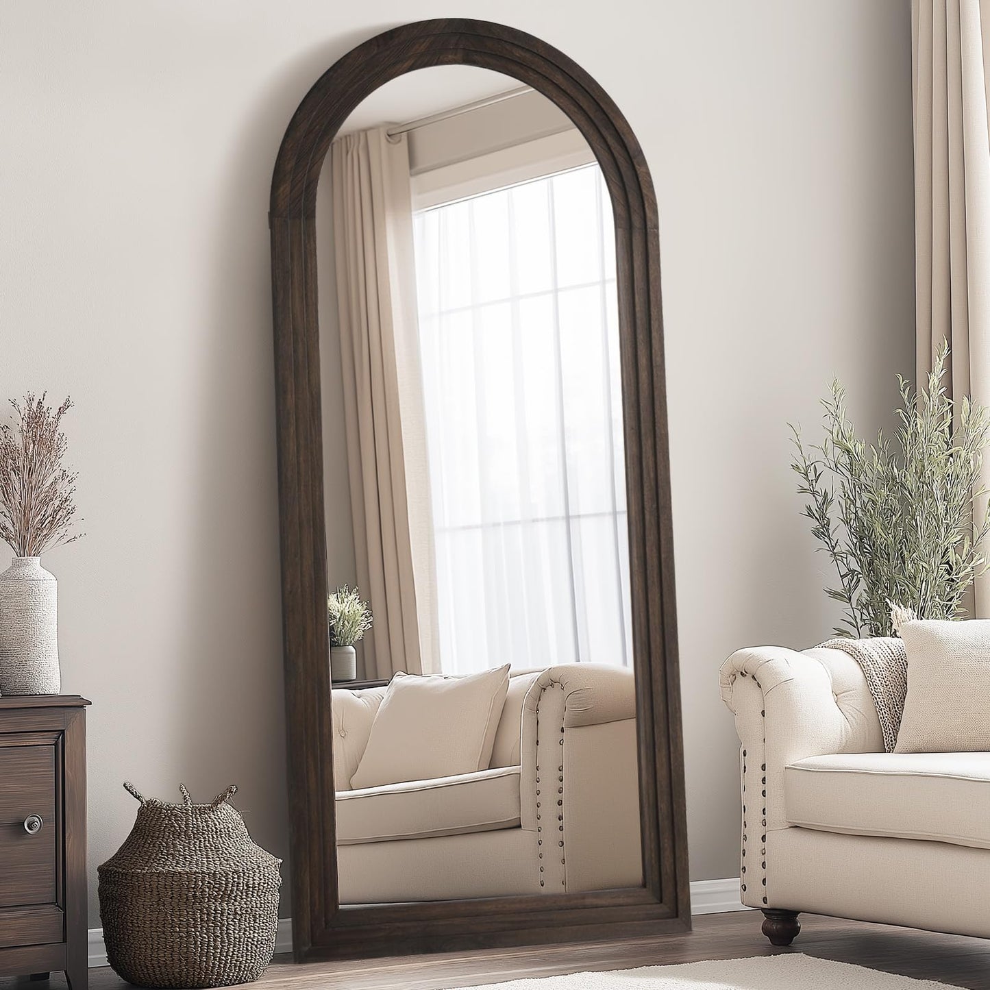 Rustic Standing Full Length Mirror Wood Frame, 71"X32" Large Arched Floor Mirror with Stand, Farmhouse Wood Mirror Full Length for Bedroom Living Room Entryway, Leaning or Wall Mounted, Brown