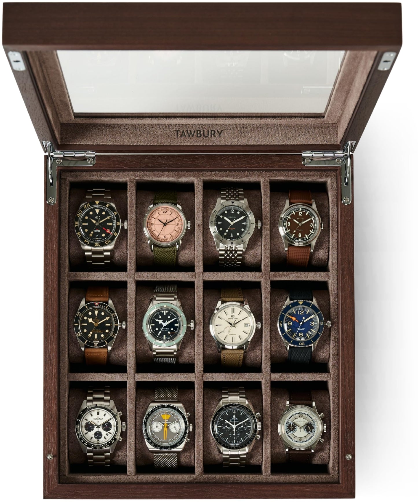 TAWBURY Wooden Watch Case - 12 Slot Wood Watch Box for Men & Women with Glass Display, Protective Fully Lined Interior and 2-inch Wide Pillows for Small & Large Watches (Dark Walnut)