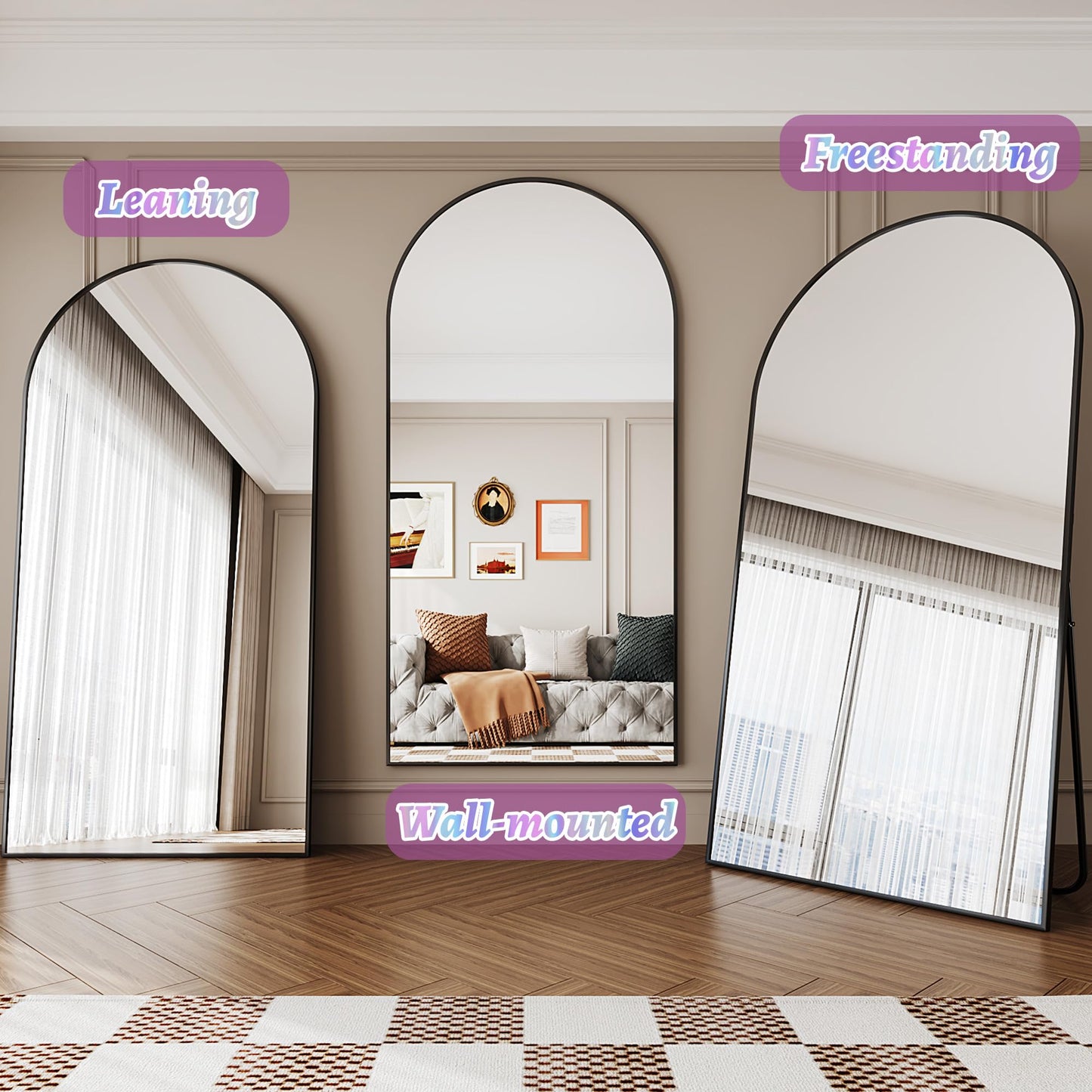 LadyNow Full Length Mirror, 81"x41" Oversized Floor Mirror Freestanding, Full Body Floor Standing Mirror with Stand, Hanging Mounted for Bedroom Living Room, Black, Arched Style
