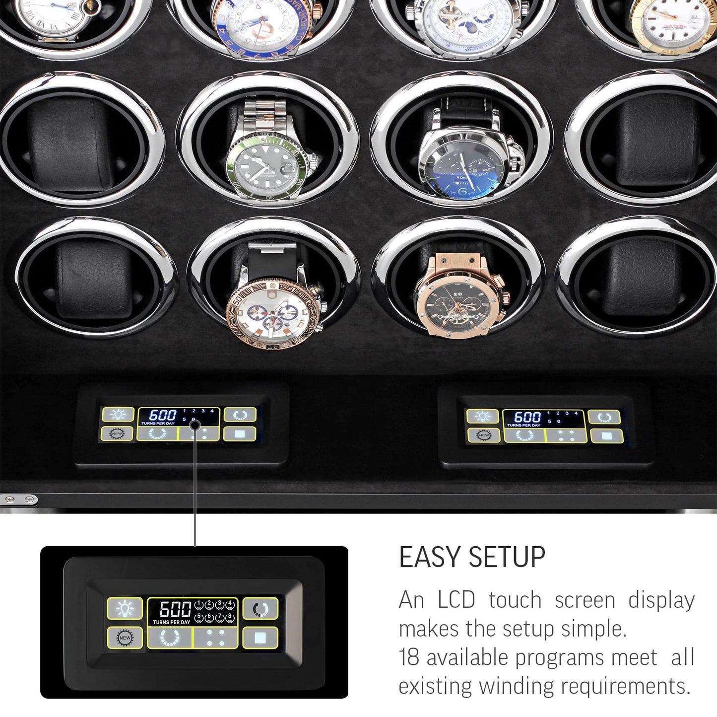 Watch Winder for 16 Automatic Watches with LED Light and LCD Touchscreen Control (Black + Black)