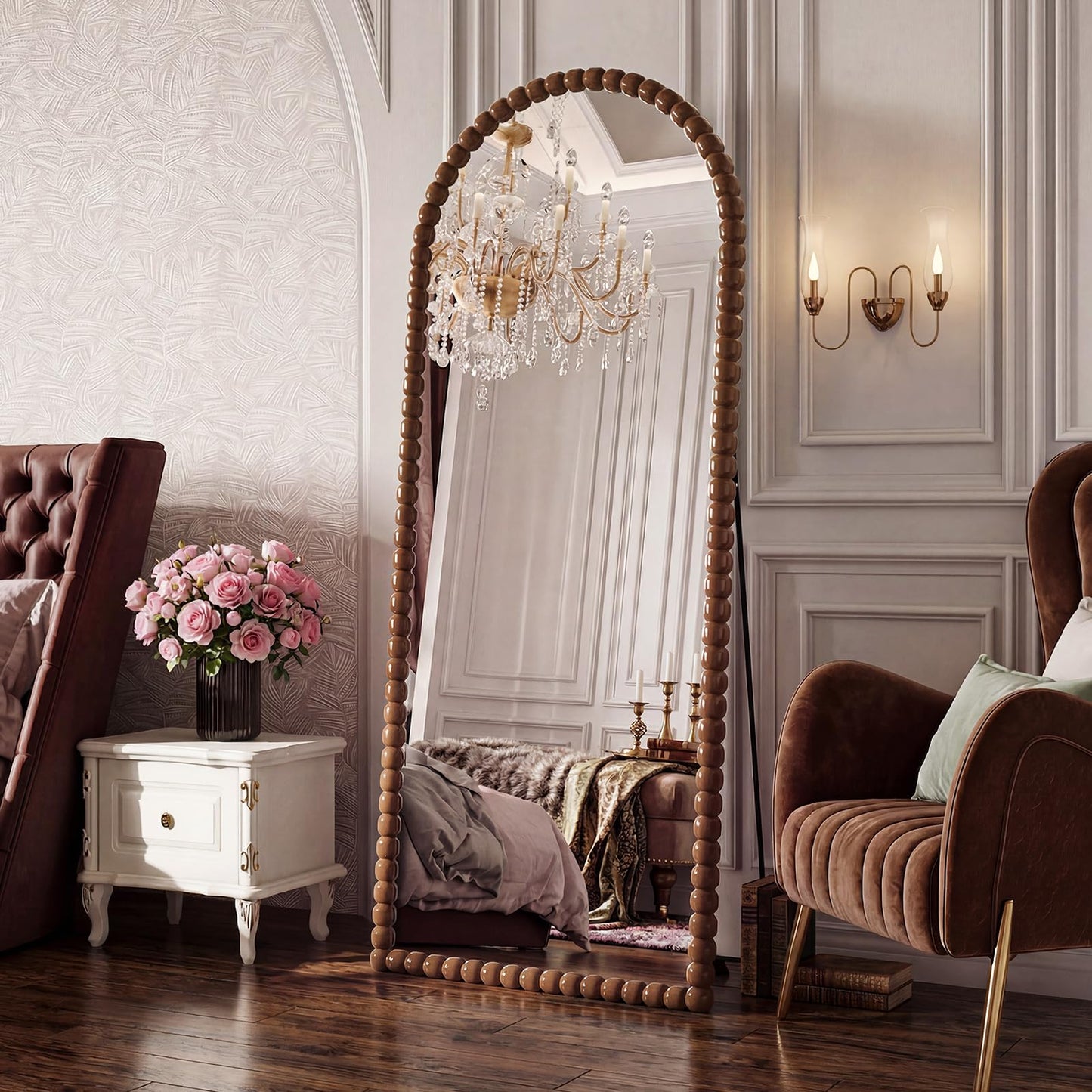 FlyEcho Arched Full Length Mirror, 71"x28" Antique Beaded Full Body Mirrors, Large Floor Mirror with Stand, Hanging Mounted for Bedroom Living Room Cloakroom Hallway Decor, PU Frame, Brown