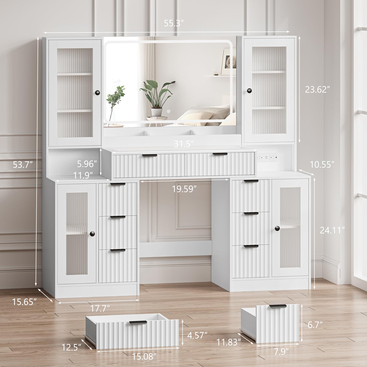 Fluted Makeup Vanity Desk with Mirror and Lights, 55" Glass Top Vanity with 8 Drawers & 4 RGB Glass Cabinets, Adjustable Shelves & Power Outlet, Modern Dressing Table Set for Women Girls Bedroom