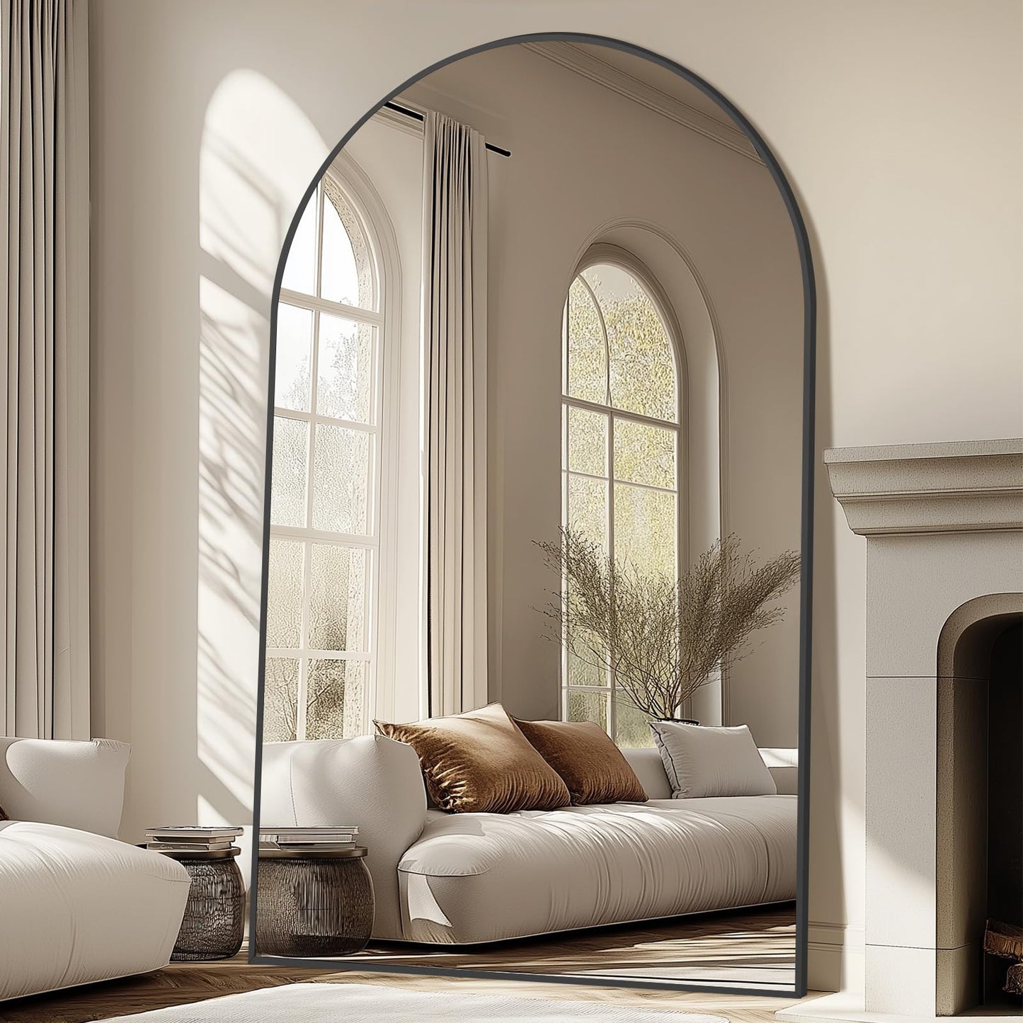 Arched Full Length Mirror, 76"X44" Oversized Black Floor Mirror Full Length, Tempered Glass Large Free Standing Mirror for Bedroom Living Room Clothing Store Gym, Aluminum Alloy Frame