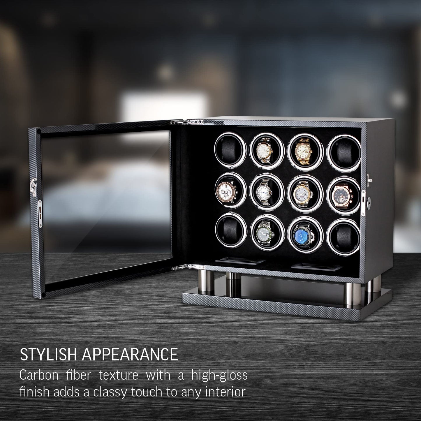 12 Watch Winder for Automatic Watches with LED Light and LCD Touchscreen Control (Burlwood + Beige)