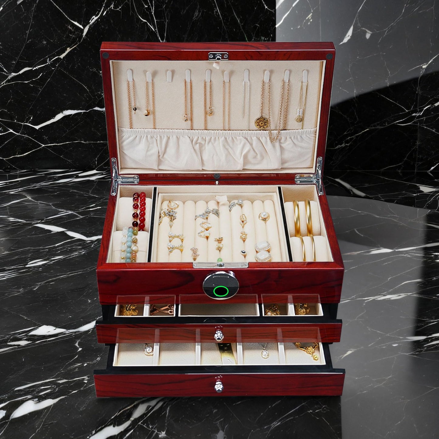 SYENS Wood Jewelry Box for Women, 3-layers Large Jewelry Storage Box&Organizer Fingerprint Lock, Drawers Full Locking, Mother Gifts (3L-RS)