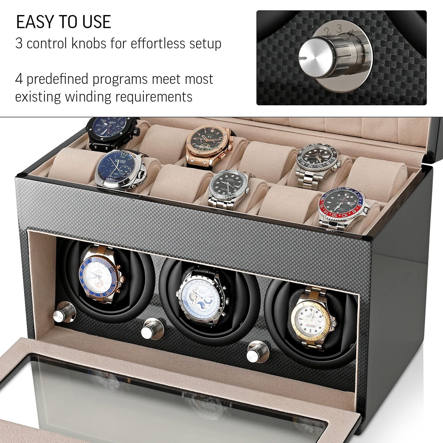 Watch Winder and Storage box for winding 3 Automatic Watches and 12 Watch Storage Space (Carbon + Beige)