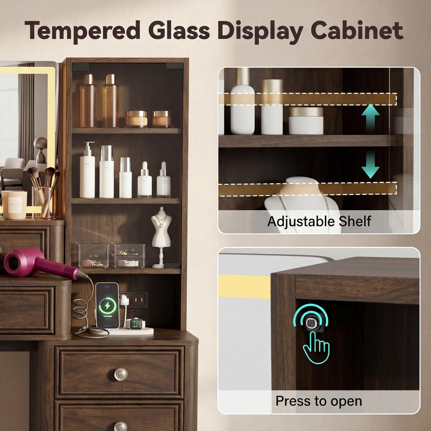 YESHOMY Makeup Vanity Desk with Large Mirror and LED Lights, with 7 Drawers & Charging Station, Dressing Table Set Modern Glass Storage Cabinet with Adjustable Shelves for Bedroom, Dark Walnut