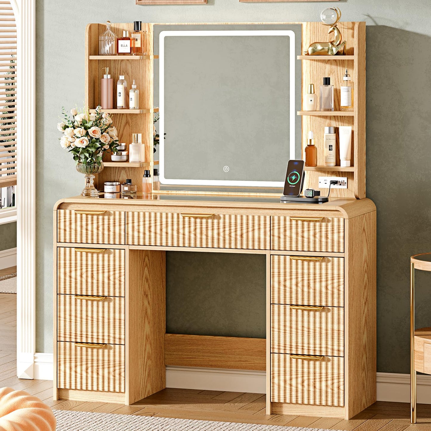 GRUTEUNIT 43" Makeup Vanity Desk with Mirror and Lights&Power Outl, 3 Adjustable Light Color,Glass Top Big Vanity Table with 9 Drawers & 6 Shelves,Girls Vanity for Bedroom, Oak
