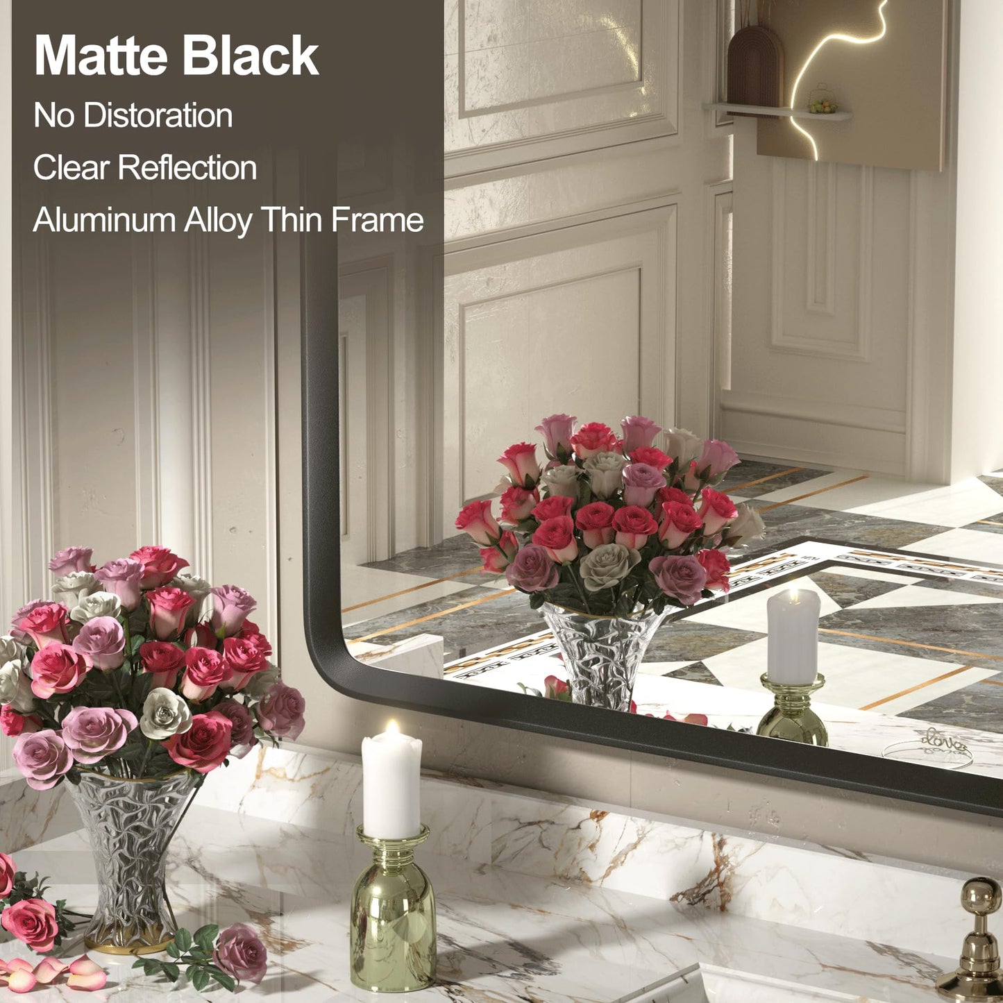 GOLOMO 55x40 Inch Black Matte Framed Mirror for Bathroom, Rounded Rectangle Mirror, Bathroom Vanity Mirror for Wall, Anti-Rust, Shatterproof (Horizontal/Vertical)