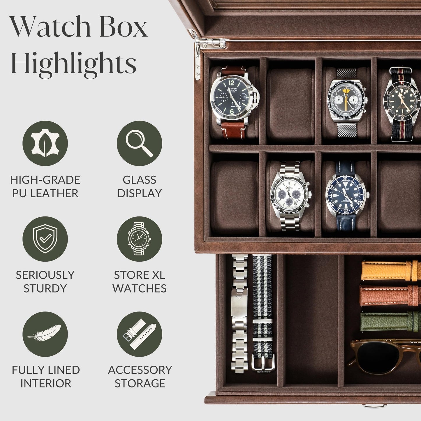 TAWBURY Bayswater 12 Slot Watch Box with Drawer (Brown) with a Set of 12 Small Pillows to Fit 6.6-7.1" Wrists