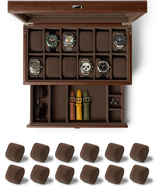 TAWBURY Bayswater 12 Slot Watch Box with Drawer (Brown) with a Set of 12 X-Small Pillows to Fit 5.5-6.5" Wrists