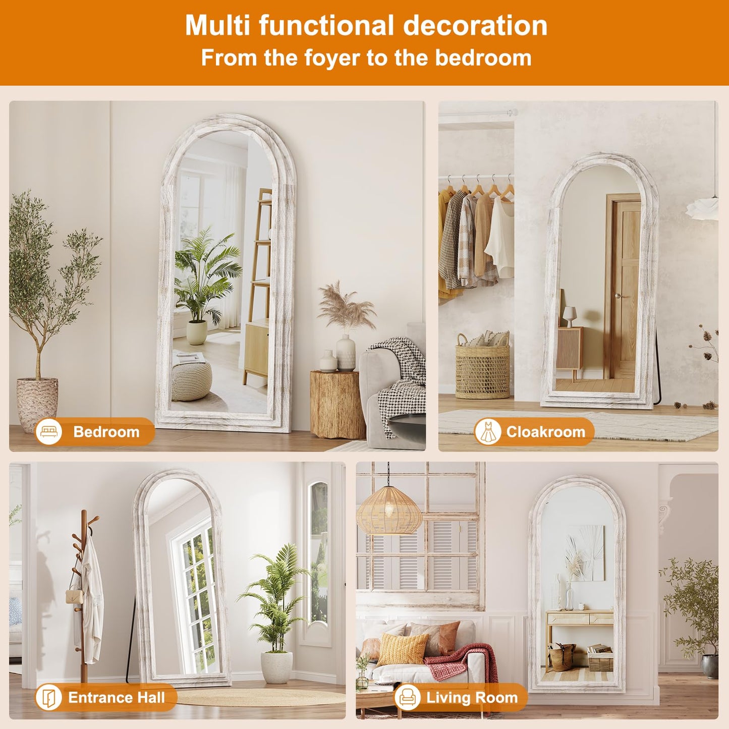 ZHUNFA External Three-Layer Arched Full Length Mirror with Solid Wood Frame,71x32 Modern Farmhouse Decor Standing Mirror Full Length,Wall Mounted,Leaning,Standing for Bedroom,Living Room,White.