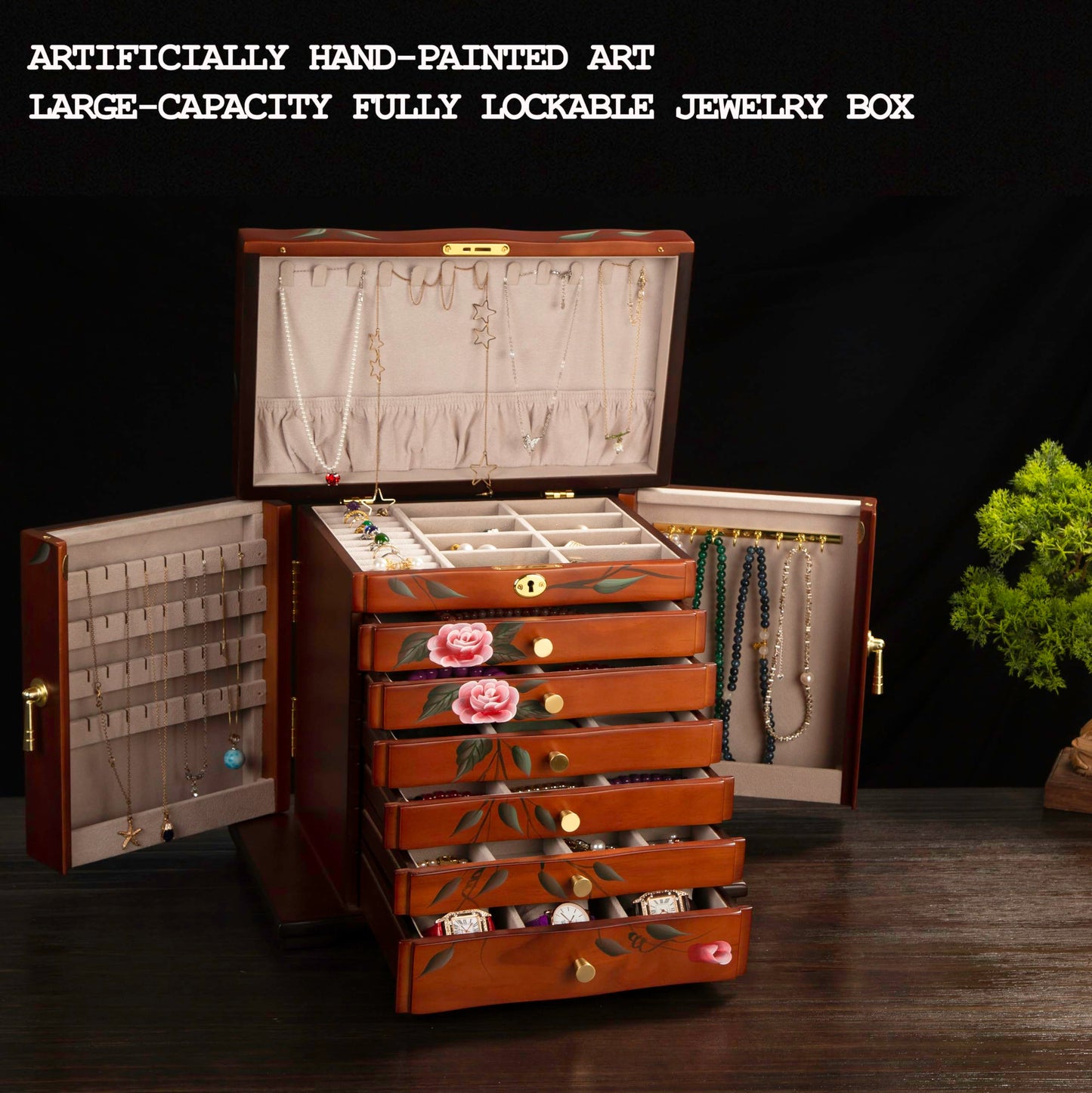 Xloverise Hand-Painted Wooden Jewelry Box,jewelry boxes for women，jewlrey box&organizers with necklace hanger,jewerly organizer,10-layer large capacity jewelry storage box for jewelry