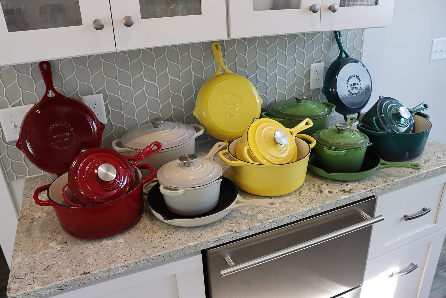 Larder & Vine 5-Piece Enameled Cast Iron Cookware Set - Includes 5.7 Quart Dutch Oven with Lid, 10.25 Inch Skillet, 2.2 Quart Saucepan with Lid (Okra)