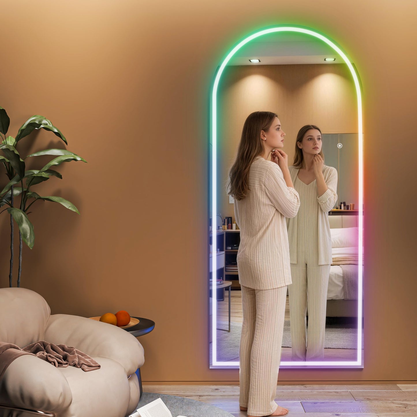 Hasipu Arch Full Length Mirror 83 x 36 in with Stand — Arch LED RGB Full Body Mirror, 7 Lighting Modes, Dimmable, Built‑in Bluetooth Speaker, White Frame for Bedroom Dressing Room