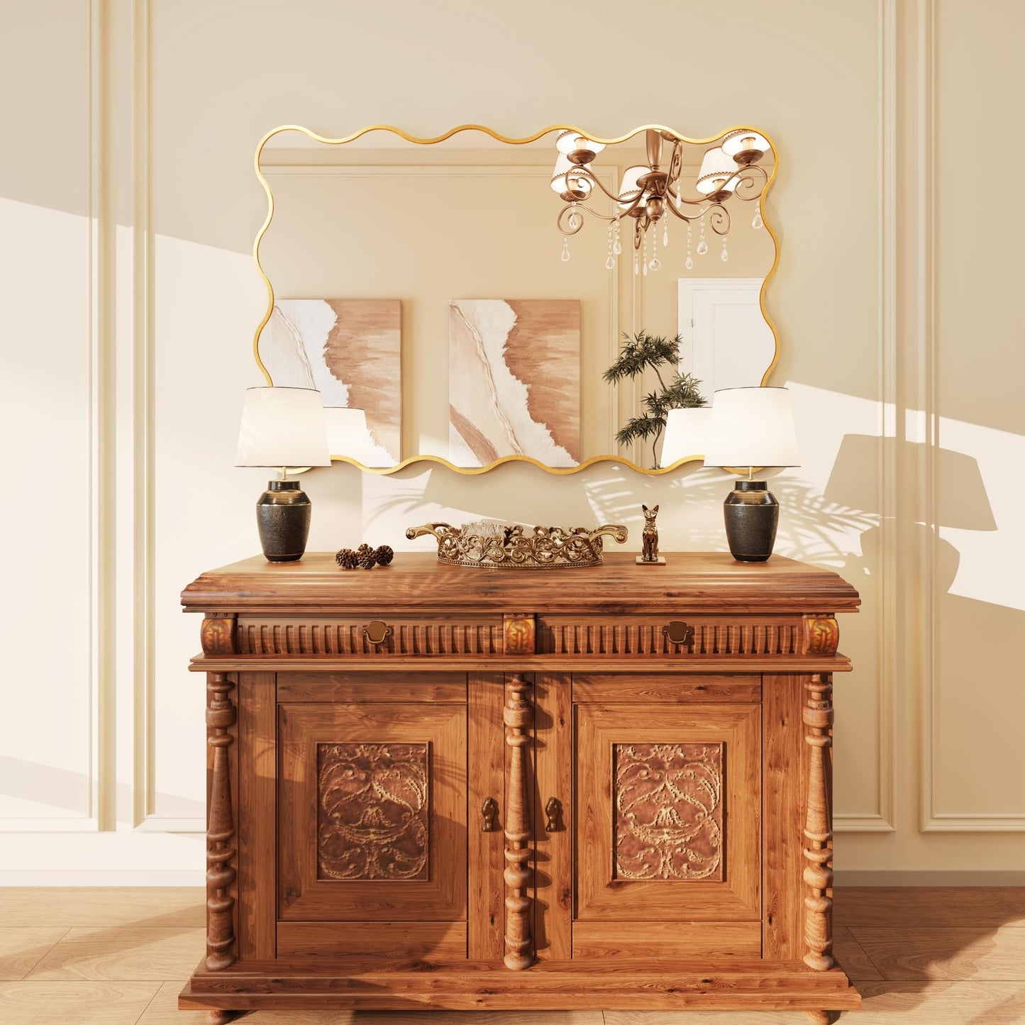 Kelly Miller 32x48 Inch Gold Scalloped Mirror, Large Rectangular Wavy Edge Bathroom Vanity Wall Mirror Decorative for Bedroom Living Room Entryway Fireplace Mantle
