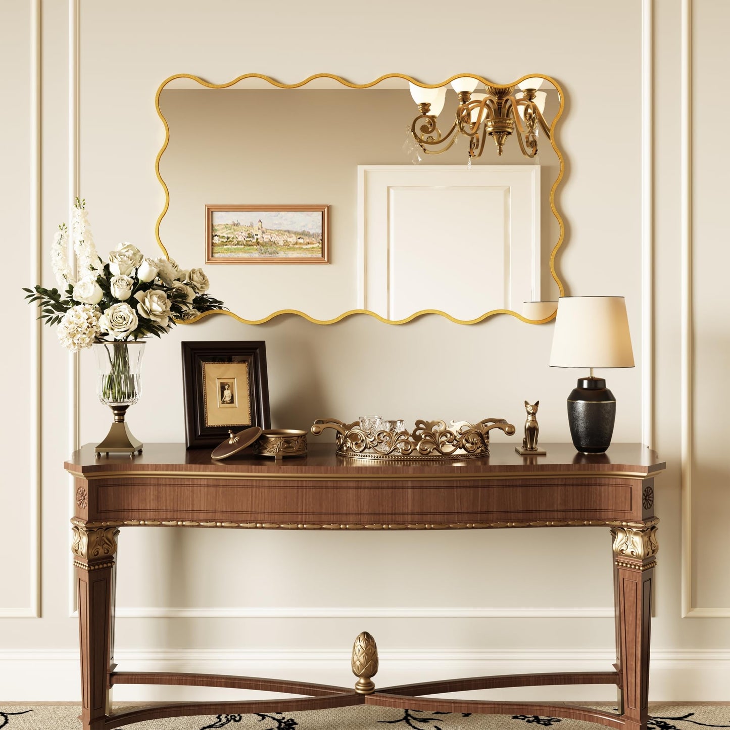 Kelly Miller 30x48 Inch Gold Scalloped Mirror, Large Rectangular Wavy Edge Bathroom Vanity Wall Mirror Decorative for Bedroom Living Room Entryway Fireplace Mantle