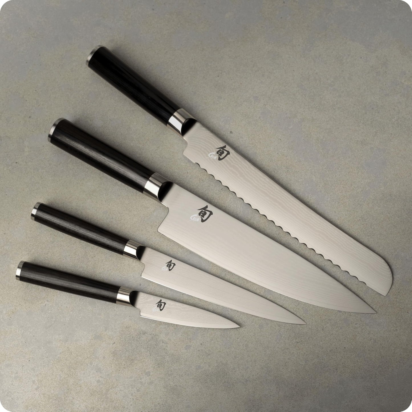 Shun Classic 5 Piece In-Drawer Set, Includes 8" Chef's Knife, 3.5" Paring, 6" Utility & 9" Bread Knife, Handcrafted Japanese Knife Set, Damascus Stainless Steel Cladding, Pakkawood Handle