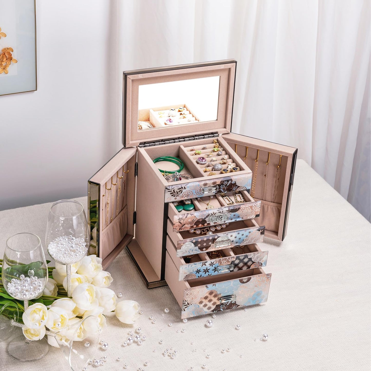 Homruilink High End Glass Jewelry Box, 5 Layer Jewelry Organizer for Women, Side Doors & Mirror, Velvet-Lined Storage for Rings & Necklaces, Ideal Gift (Geometric Floral)