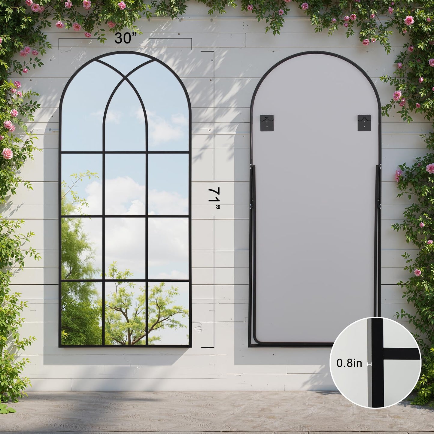 Arched Window pane Full Length Mirror 30"x71", Full Body Standing Mirror, Window Shaped Farmhouse Style with Aluminum Frame, Decor Wall Mirrors for Living Room, Courtyard, Bedroom, Entryway, Black